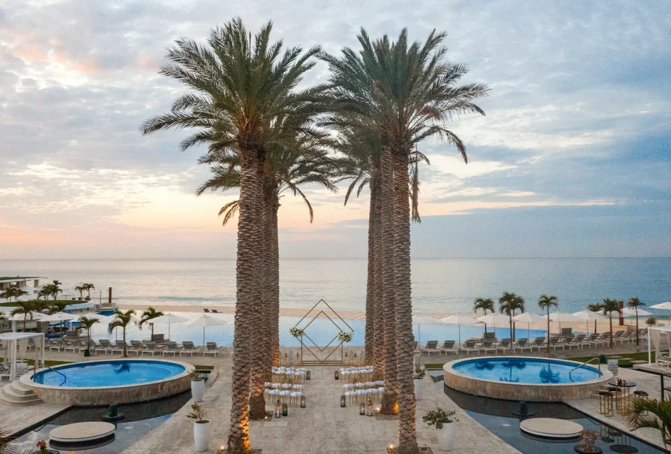 Ceremony decor on Pool terrace wedding venue at Le Blanc Spa Resort Los Cabos