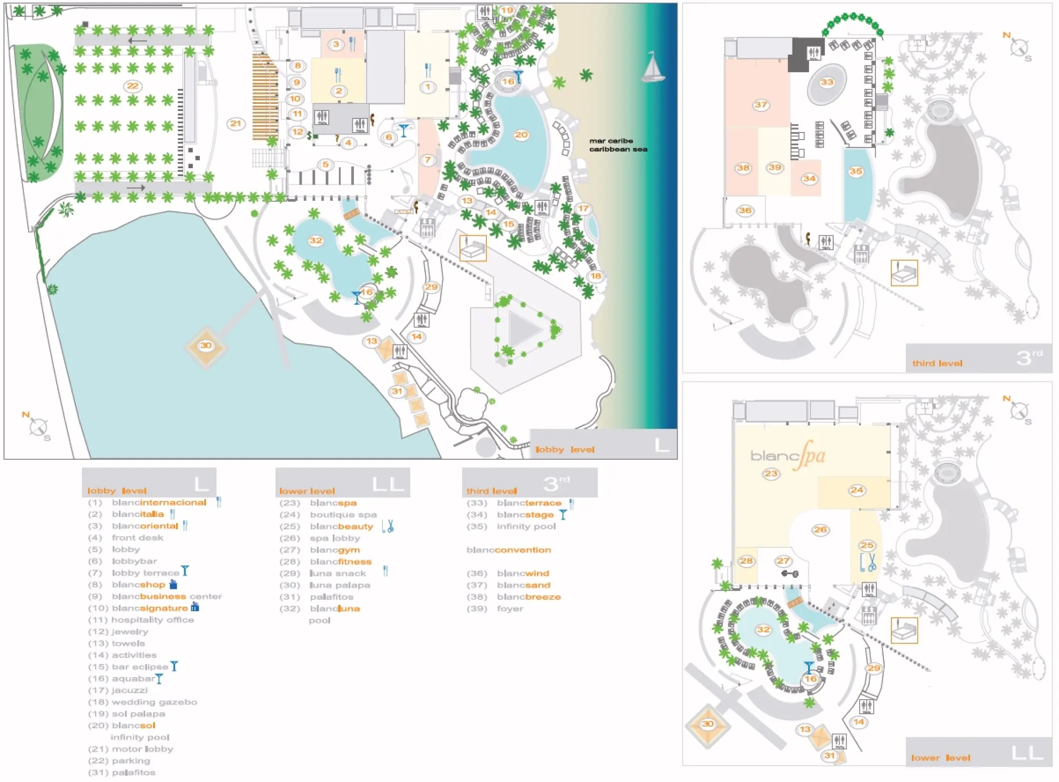Resort map of Le Blanc Los Cabos showing pools, restaurants, and amenities, Cabo San Lucas