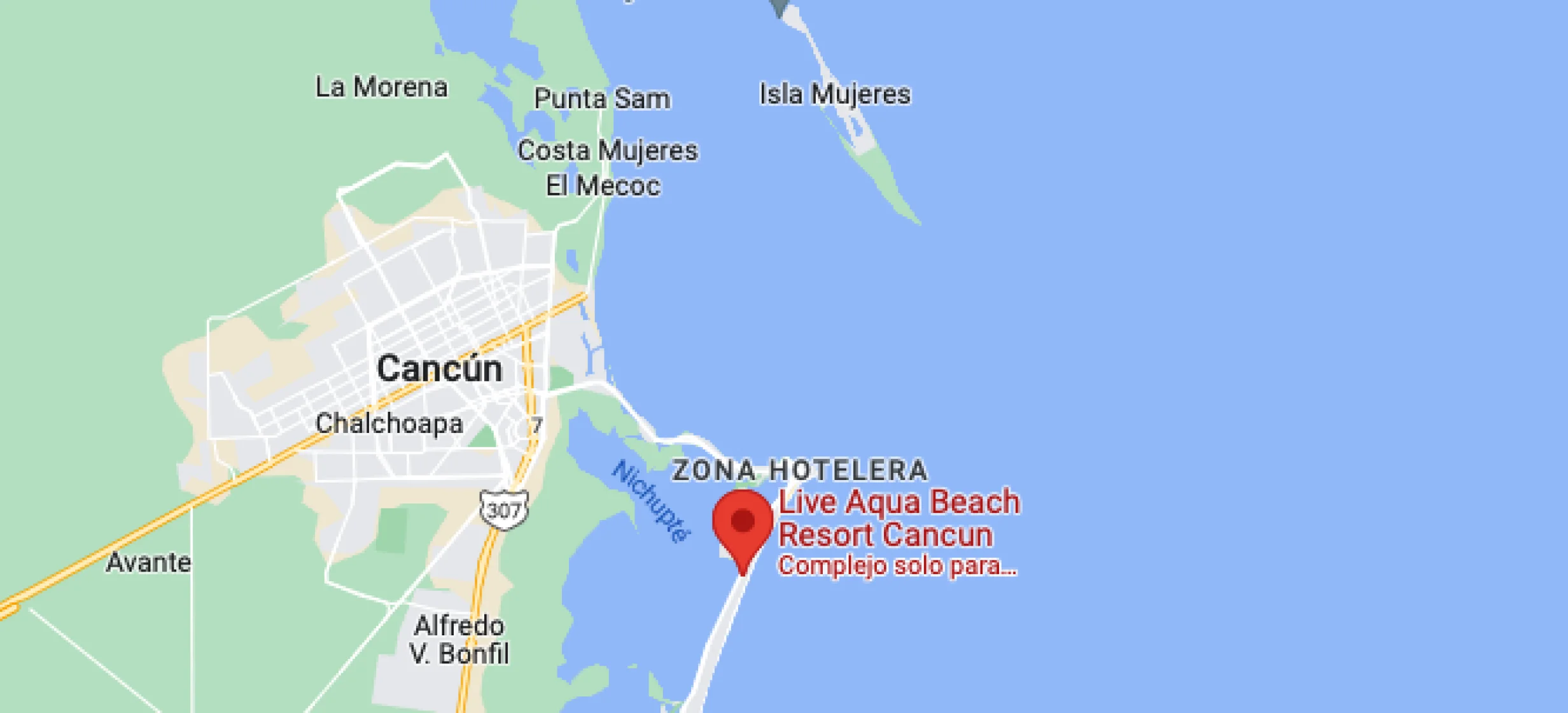 Google maps of Live aqua beach resort cancun