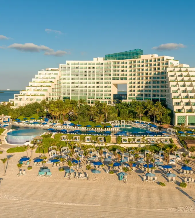 Aerial view of Live Aqua Cancun exterior and beachfront pool area, Cancun