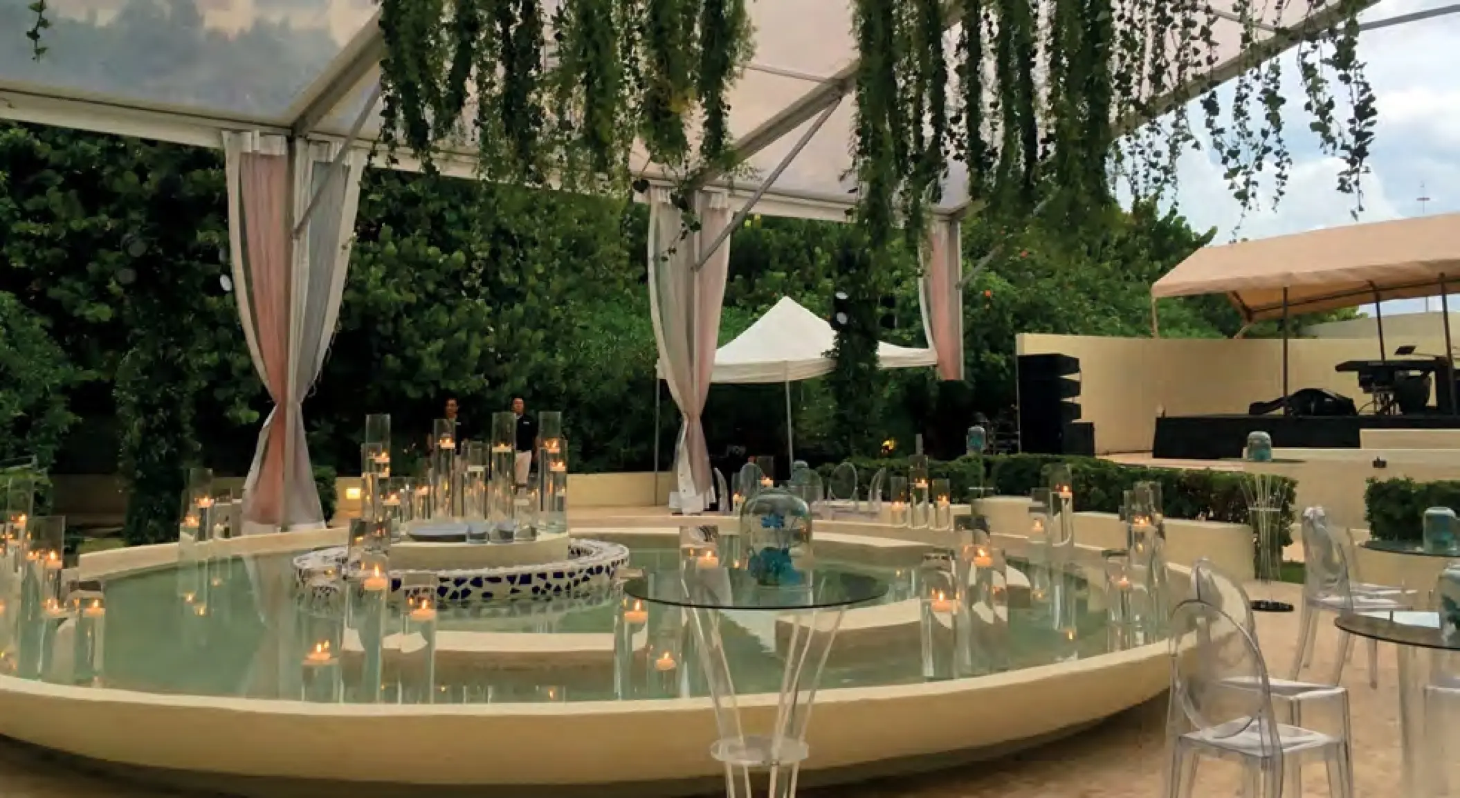 Wedding reception setup at the Garden of the Senses fountain in Live Aqua Beach Resort, Cancun