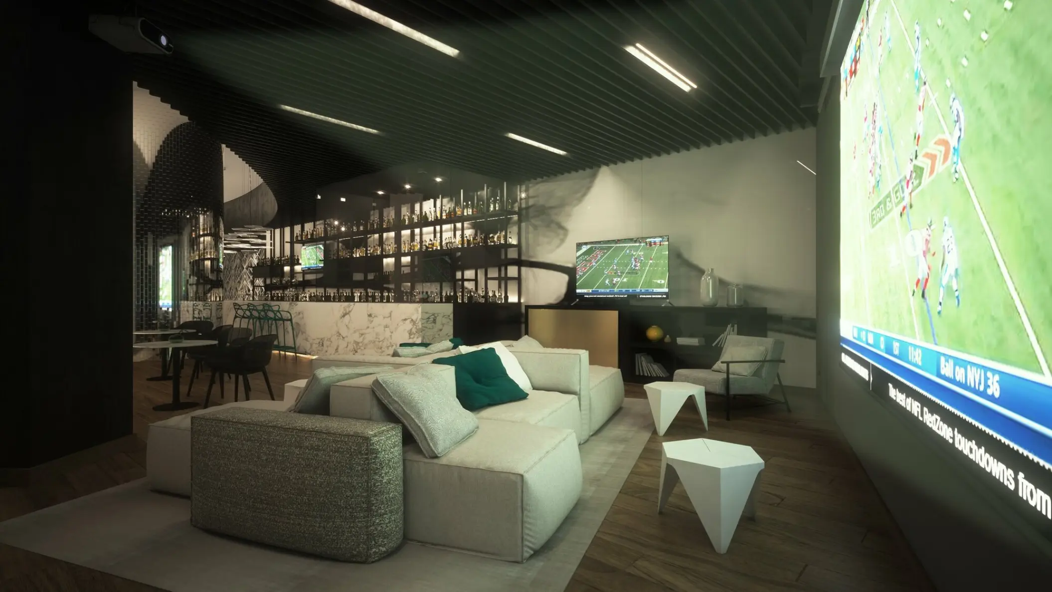 Modern sports bar with lounge seating and large screen at Live Aqua Beach Resort, Cancun