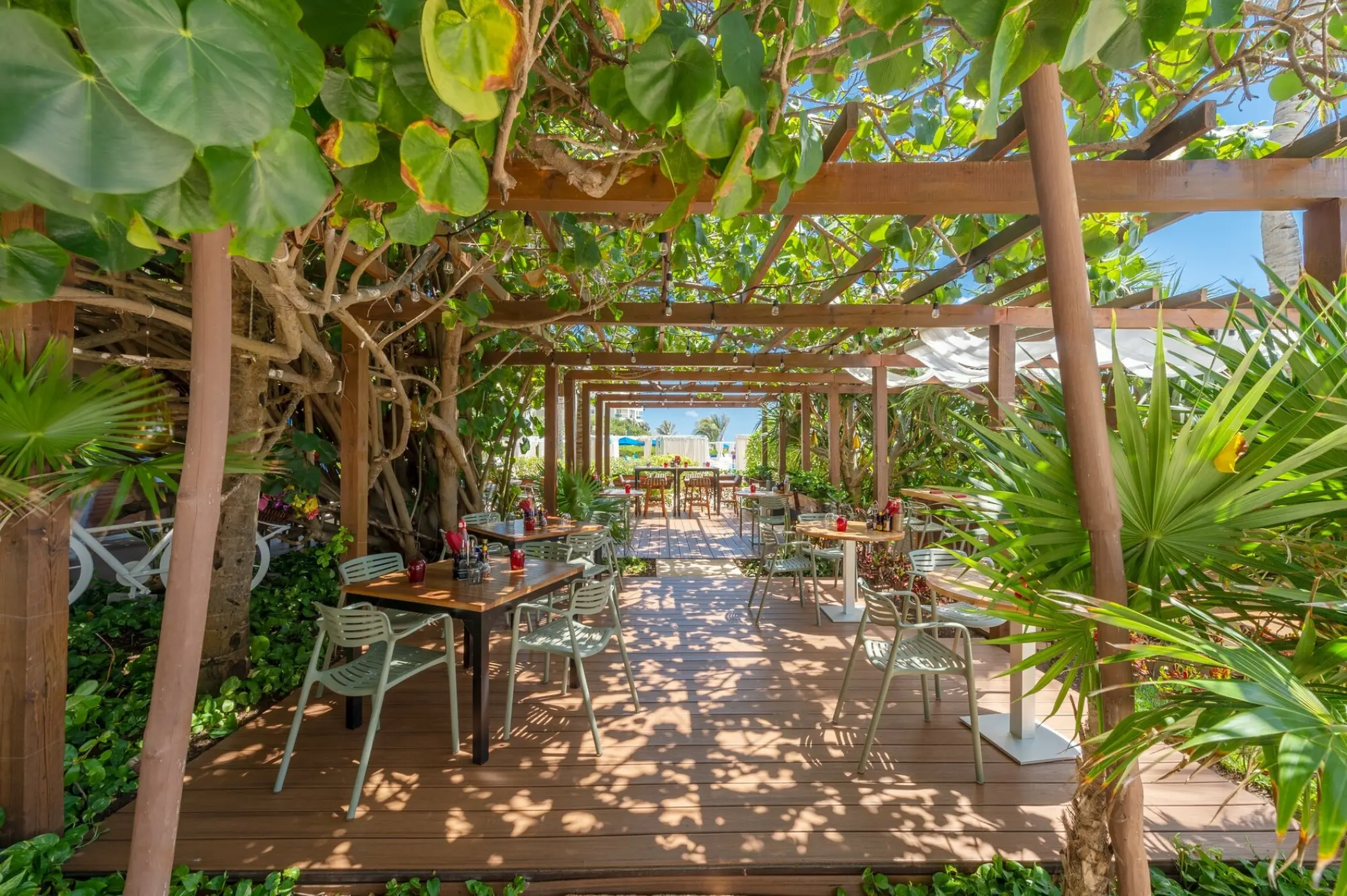 Varena restaurant outdoor terrace with wooden pergola and lush greenery at Live Aqua Cancun