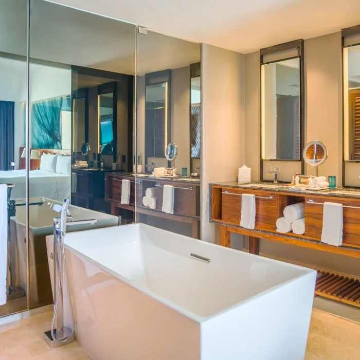 Viento suite bathroom at Live Aqua Cancun