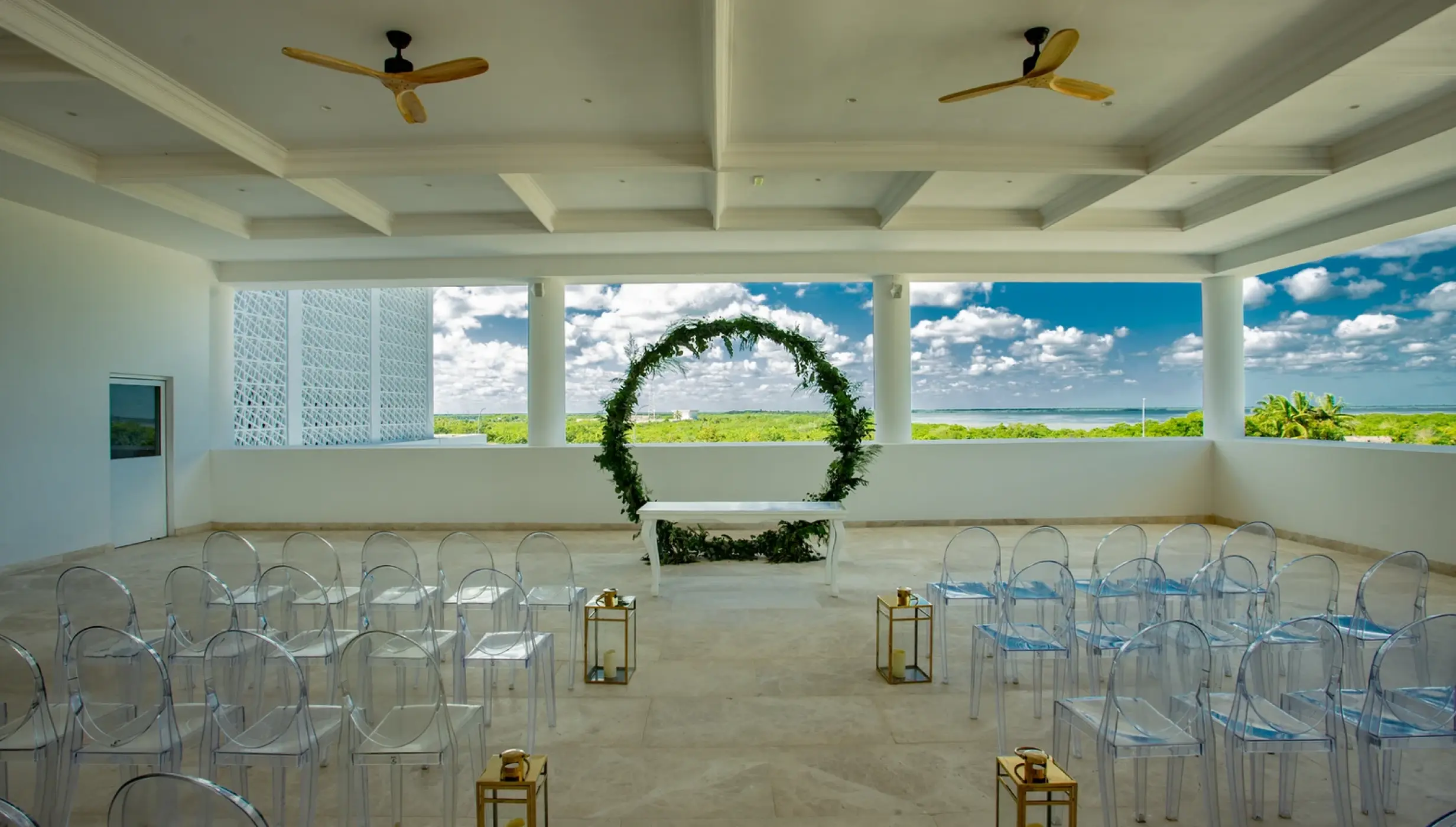 Ceremony decor in Ballroom terrace at Majestic Elegance Costa Mujeres