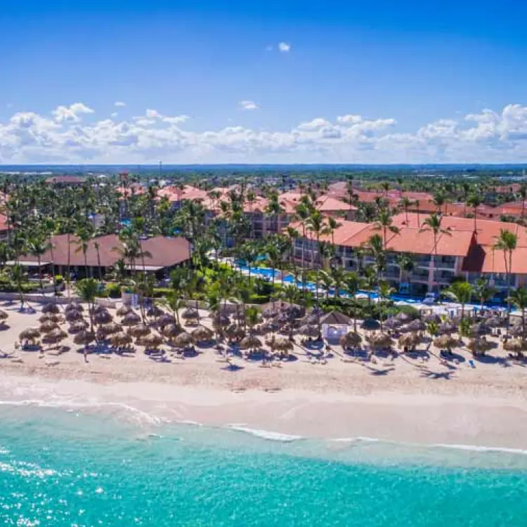 Aerial view of the beachfront and buildings at Majestic Elegance, Punta Cana