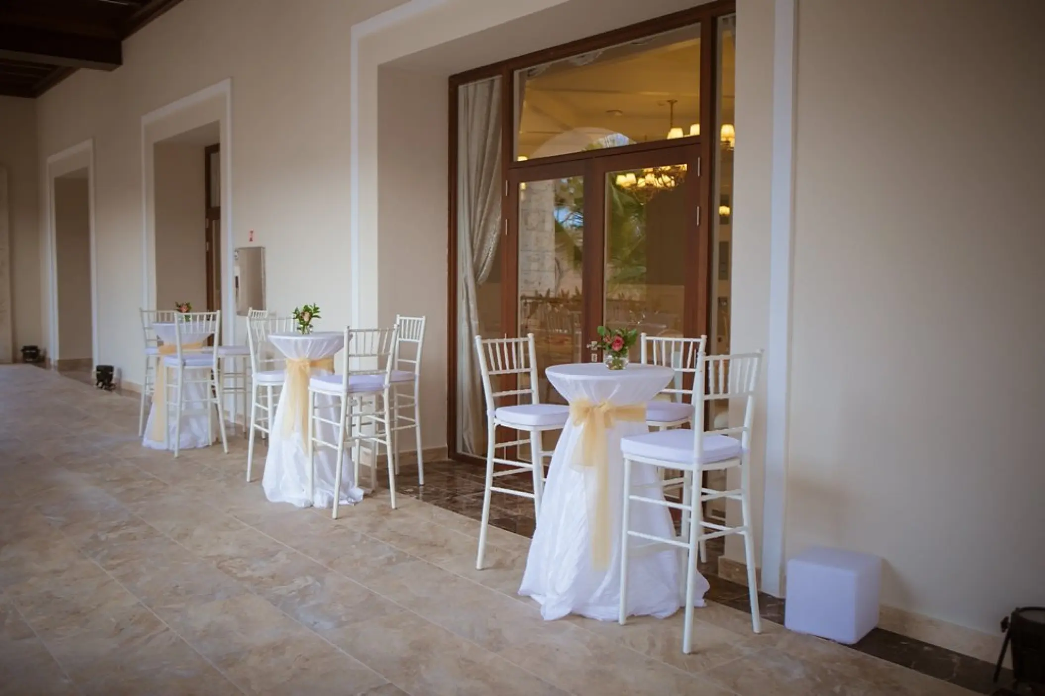 Cocktail tables on the Ballroom Terrace for a wedding reception at Majestic Mirage Punta Cana