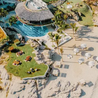 Aerial view of Mar Del Cabo swimming pool and beachfront lounging area, Cabo San Lucas