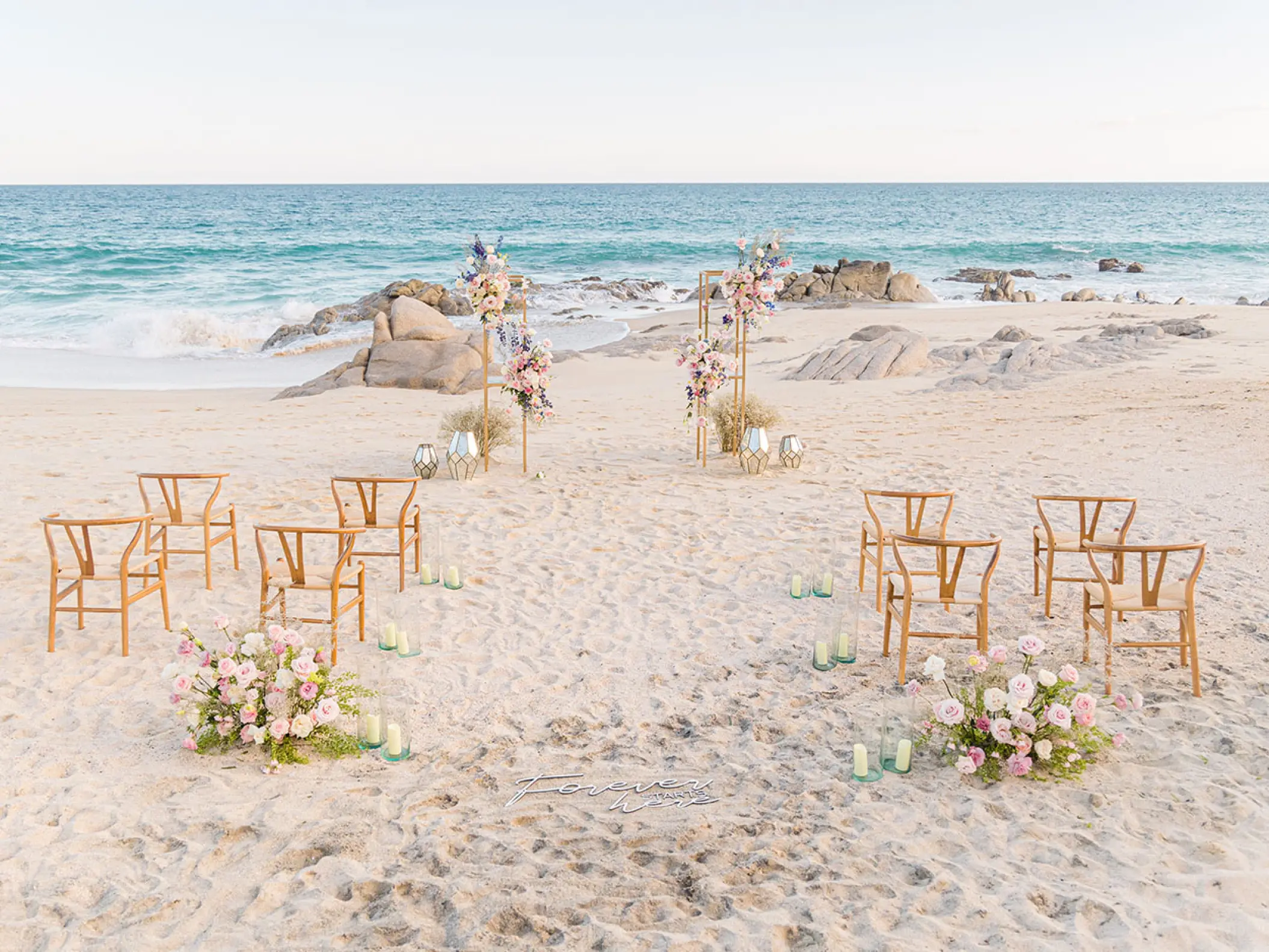 Beach wedding ceremony setup at Mar Del Cabo, Cabo San Lucas
