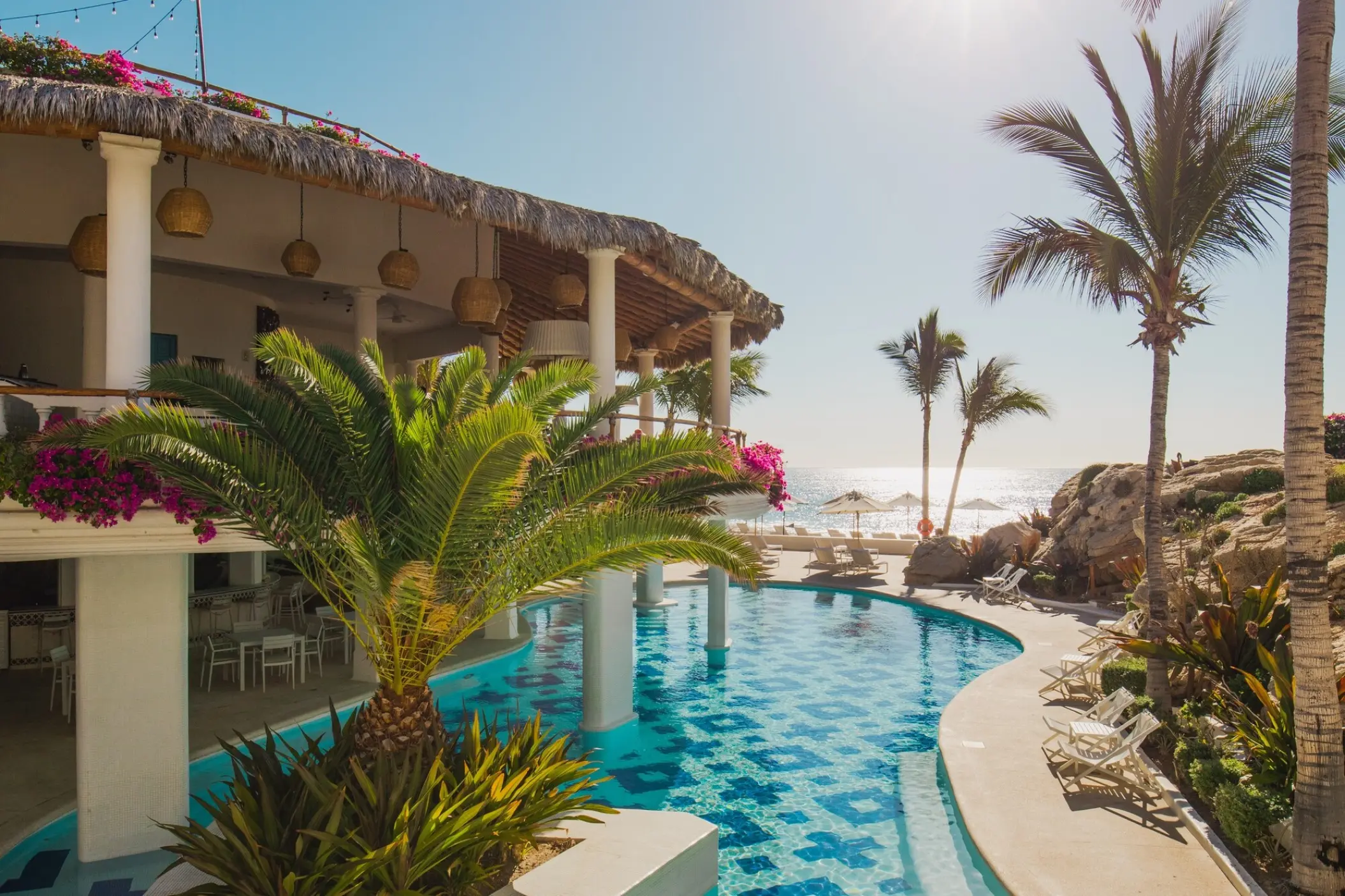 Curved outdoor swimming pool and thatched roof terrace at Mar Del Cabo, Cabo San Lucas
