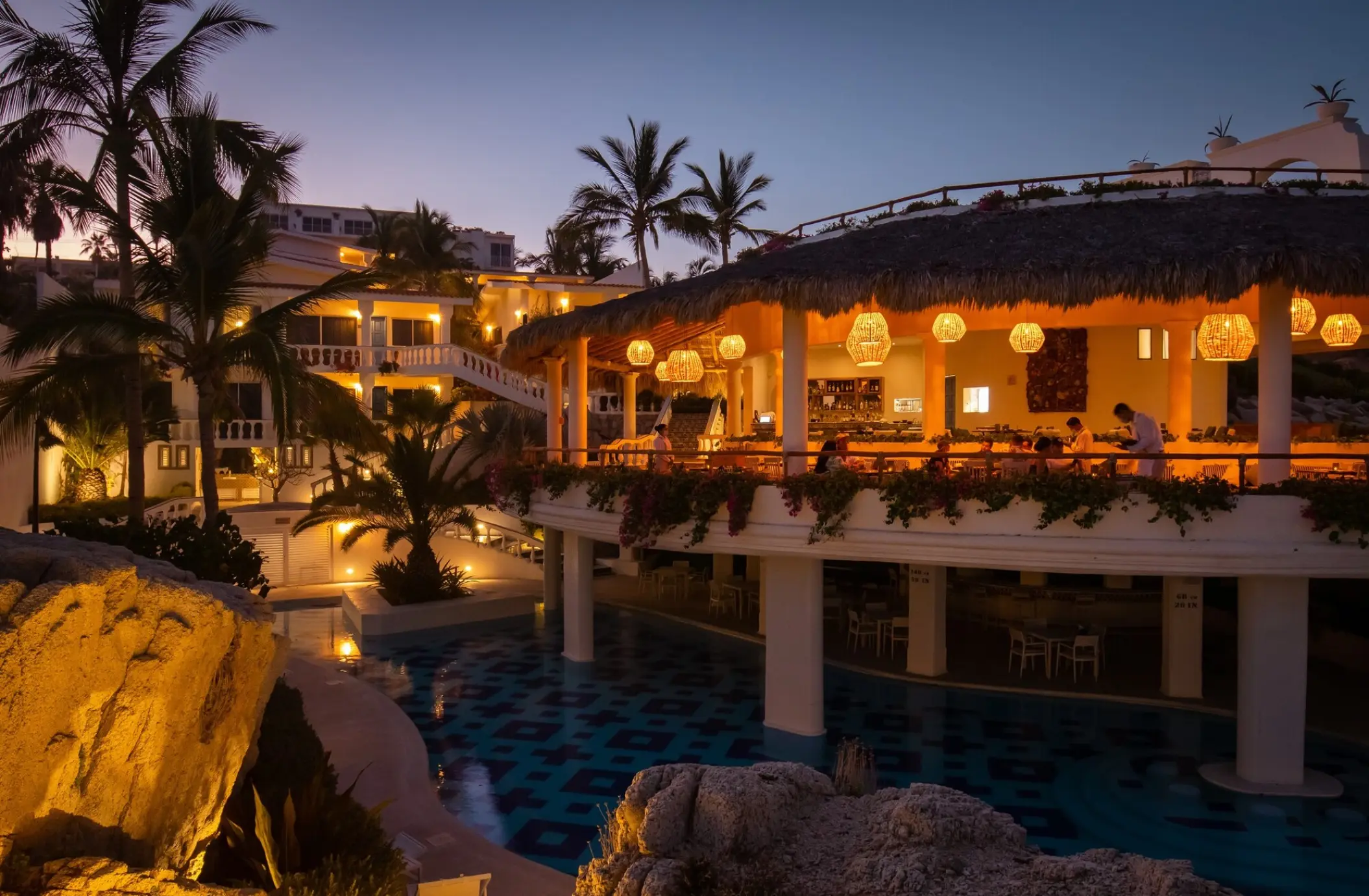 Mar Del Cabo terrace restaurant and pool at night, Cabo San Lucas