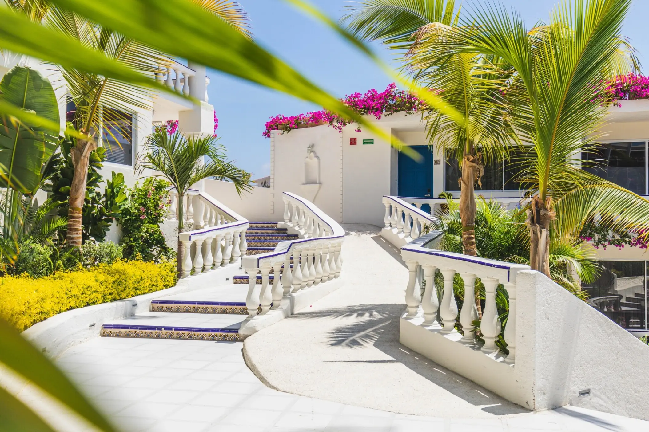 White stone staircase and pathways surrounded by palm trees and bougainvillea at Mar Del Cabo, Cabo San Lucas