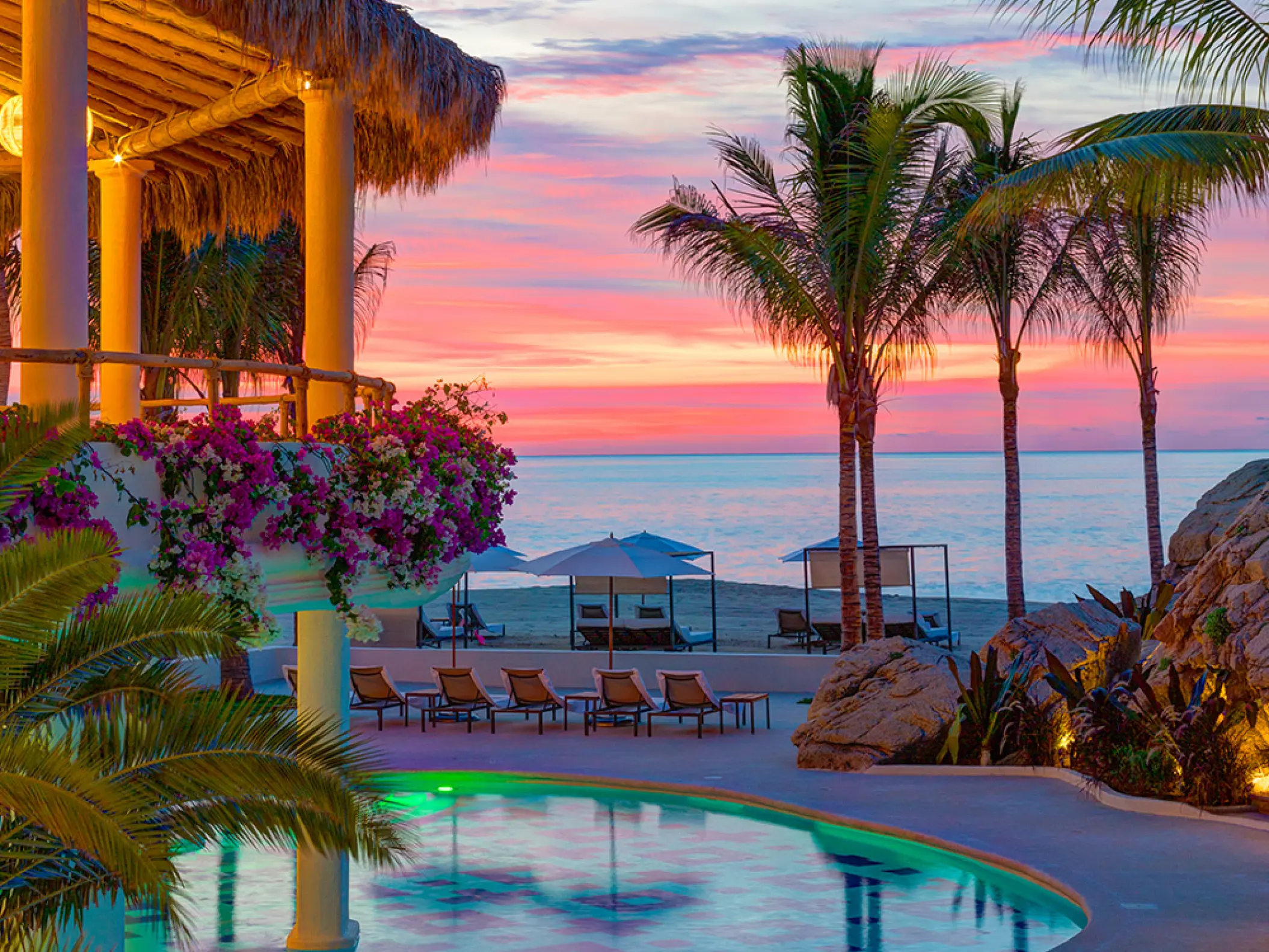 Mar Del Cabo pool and terrace at sunset overlooking the Sea of Cortez, Cabo San Lucas