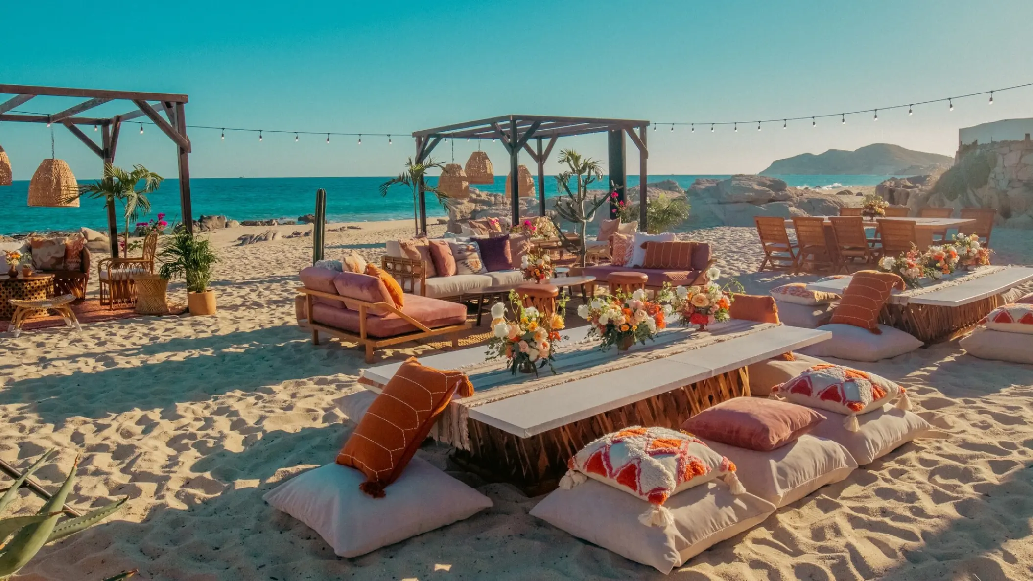 Beachfront lounge wedding reception at Mar Del Cabo, Cabo San Lucas