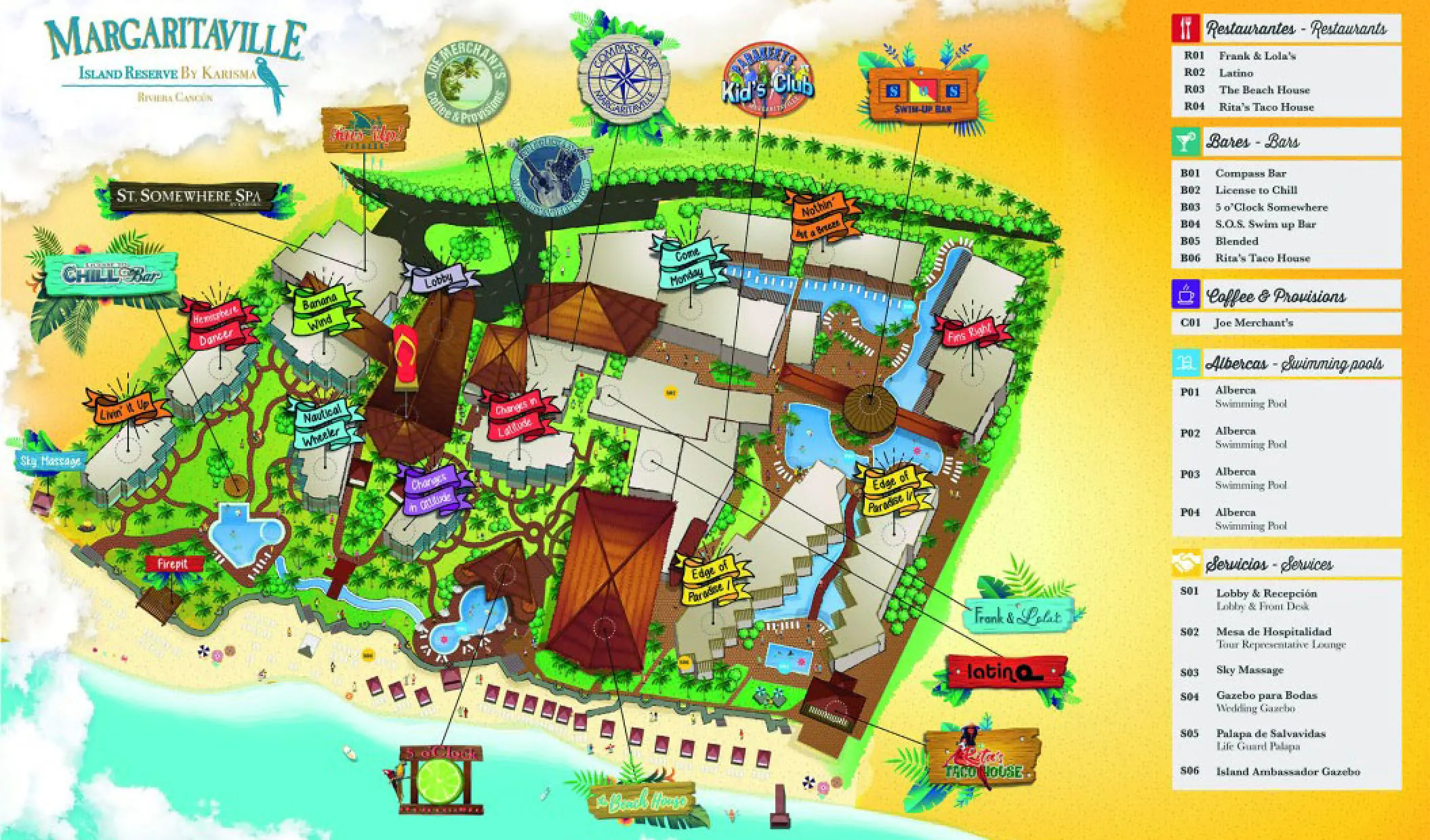 Illustrated resort map of Margaritaville Island Reserve Riviera Cancun, Cancun