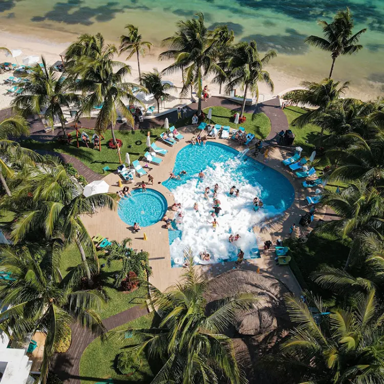 Aerial view of a foam pool party at Margaritaville Island Reserve Riviera Cancun, Cancun