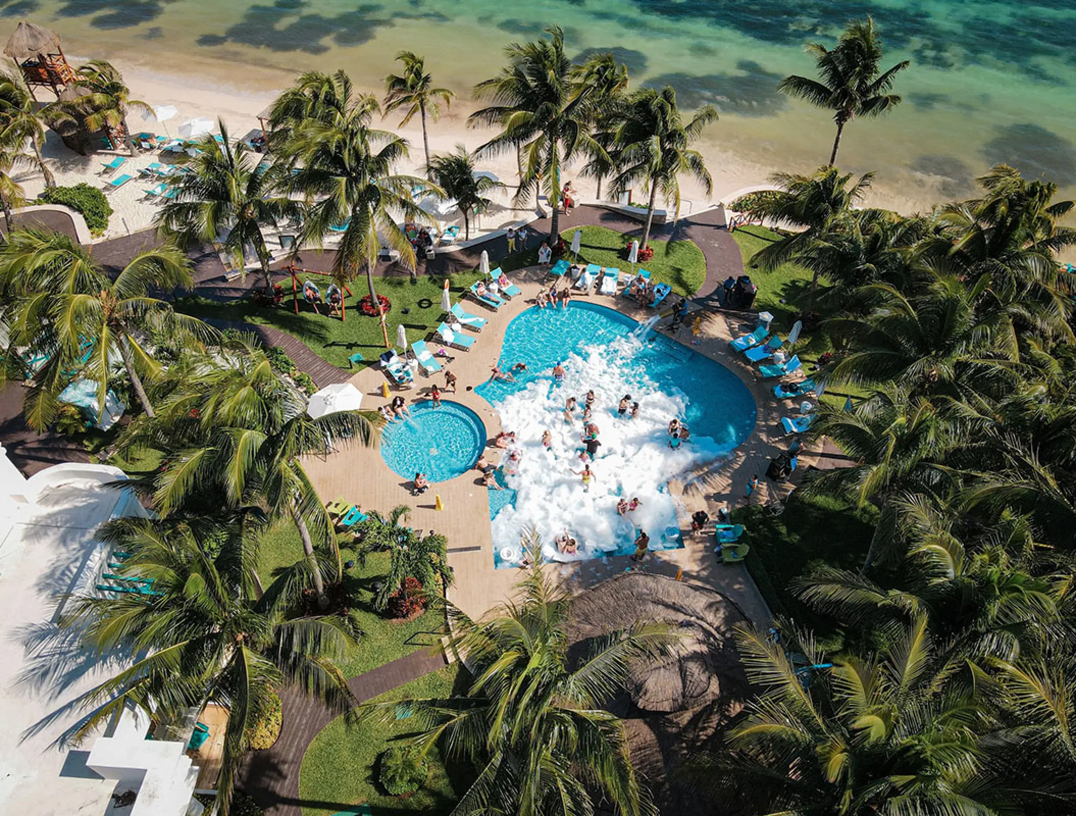 Aerial view of a foam pool party at Margaritaville Island Reserve Riviera Cancun, Cancun