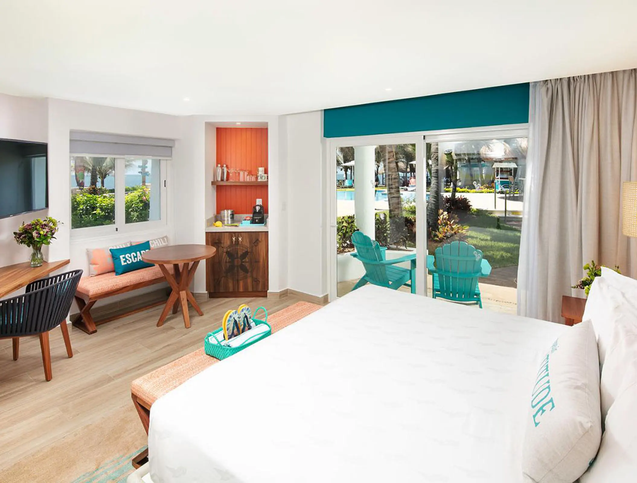 Pool view suite with private balcony at Margaritaville Island Reserve Riviera Cancun
