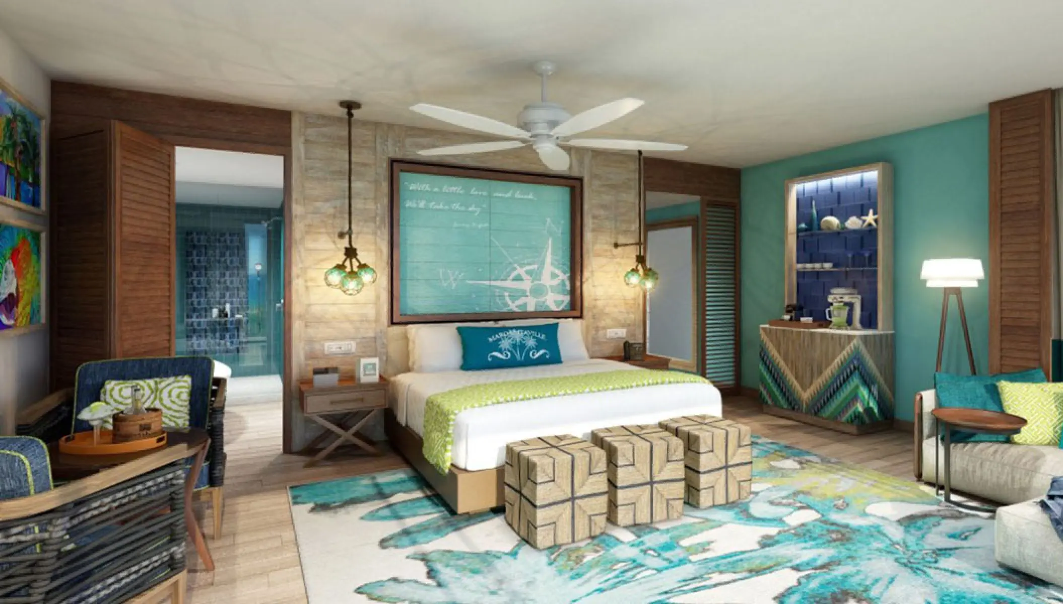 Tropical suite with king bed and turquoise accents at Margaritaville Island Reserve, Riviera Maya