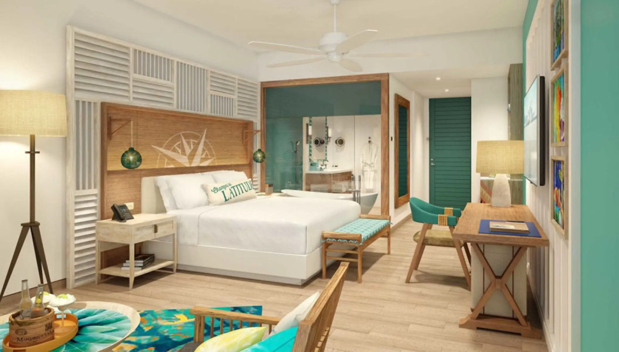 Modern guest suite with white linens and tropical accents at Margaritaville Island Reserve Riviera Maya