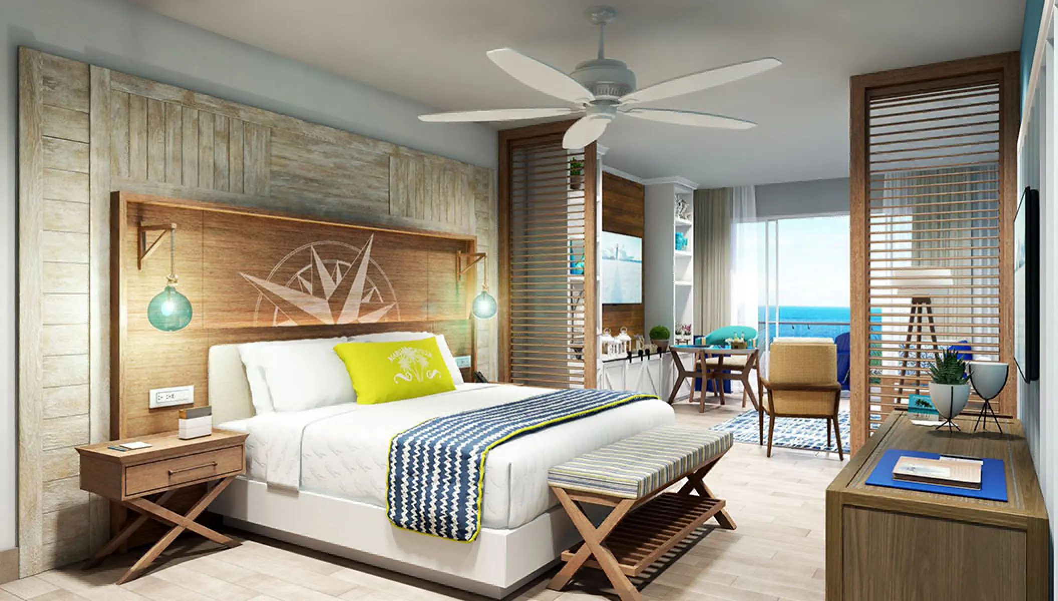 Modern tropical guest suite with ocean views at Margaritaville Island Reserve Riviera Maya