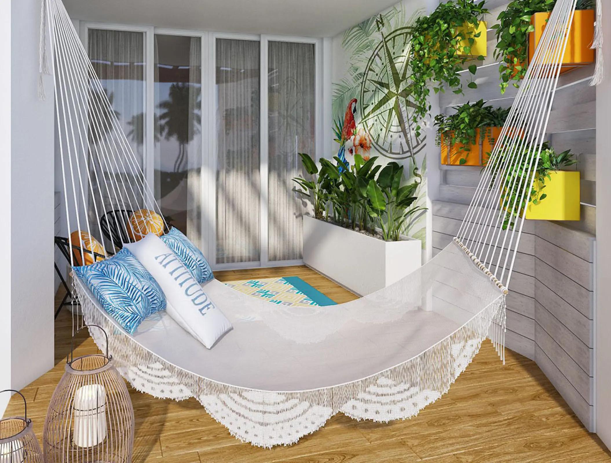 Private balcony with white hammock and tropical decor at Margaritaville Riviera Maya