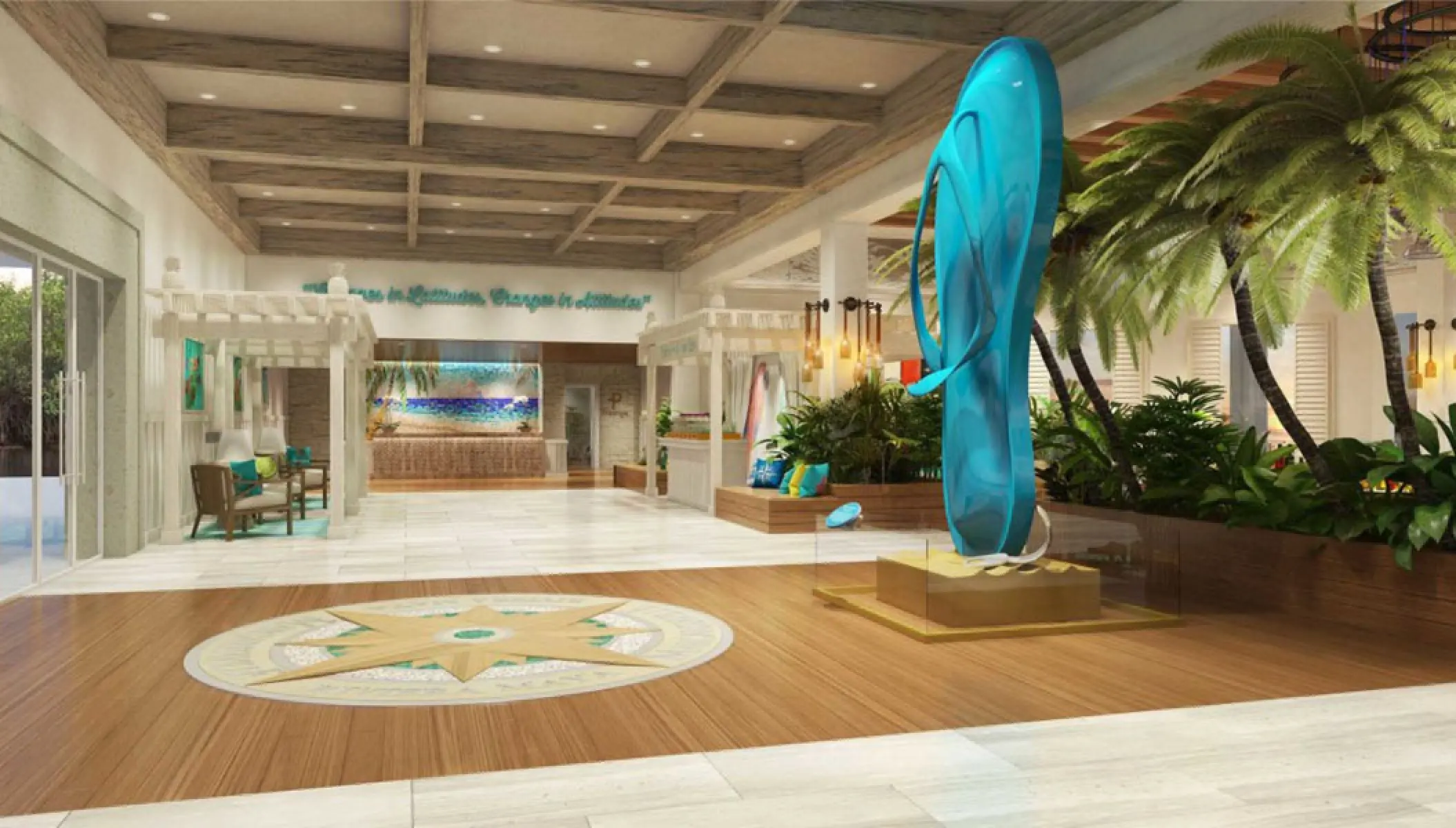 Giant blue flip-flop sculpture in the lobby at Margaritaville Island Reserve Riviera Maya