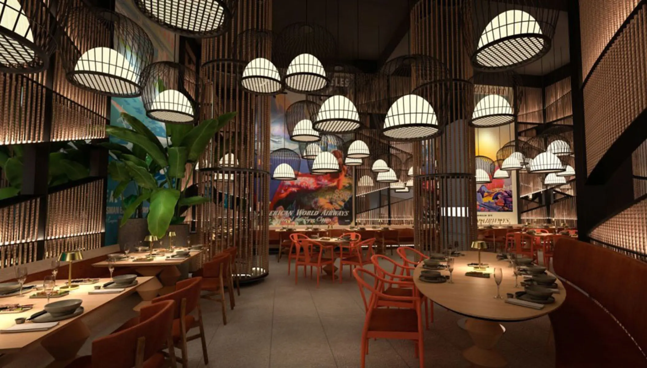 Modern restaurant with wicker pendant lights and wood accents at Margaritaville Island Reserve Riviera Maya
