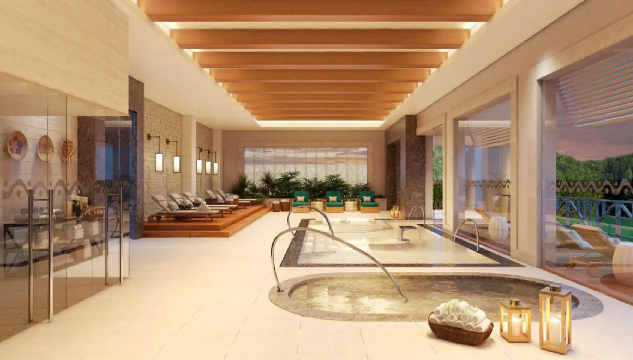 Hydrotherapy pool and lounge area at St. Somewhere Spa in Margaritaville Riviera Maya