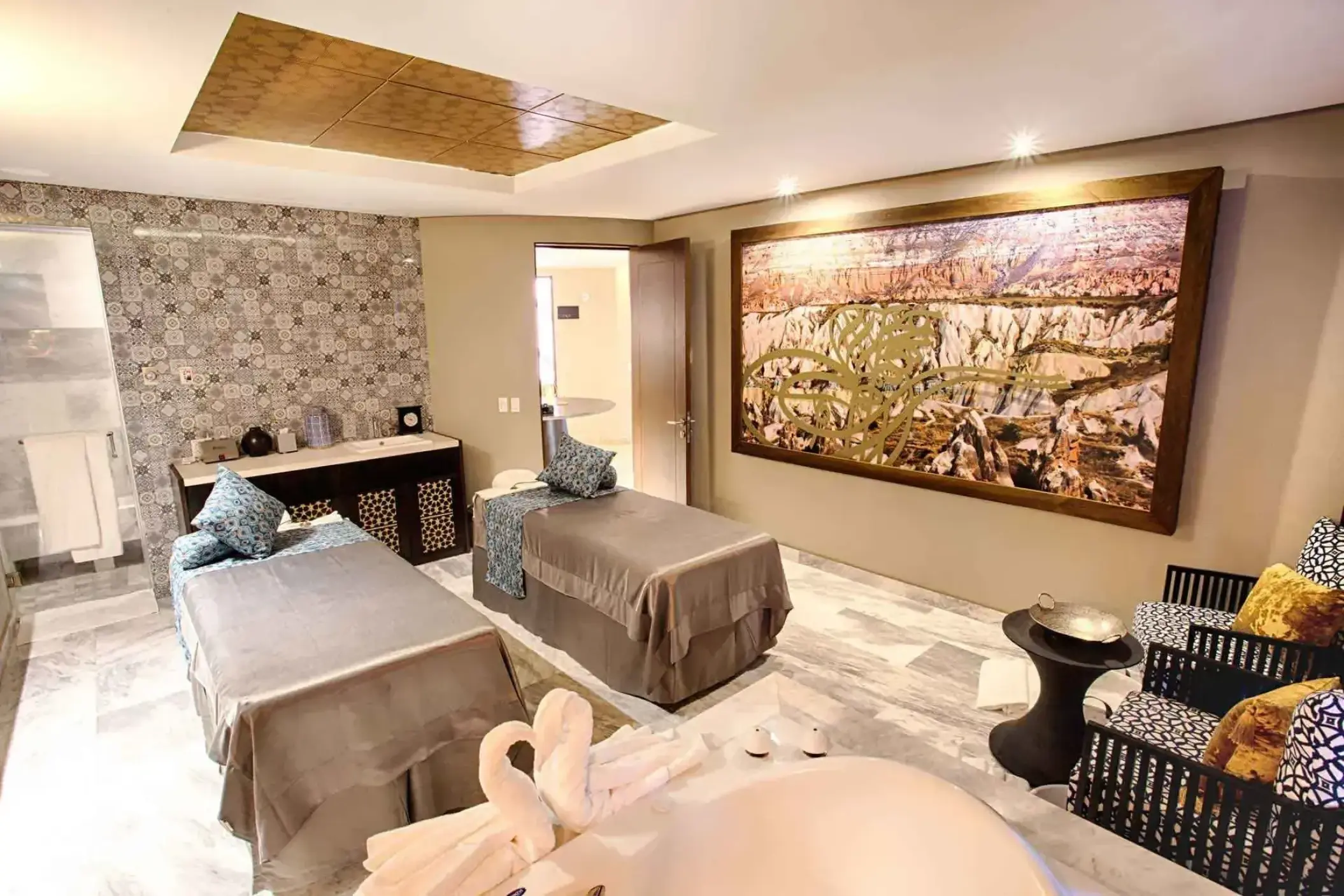 Spa treatment room with two massage beds at Marival Armony, Puerto Vallarta