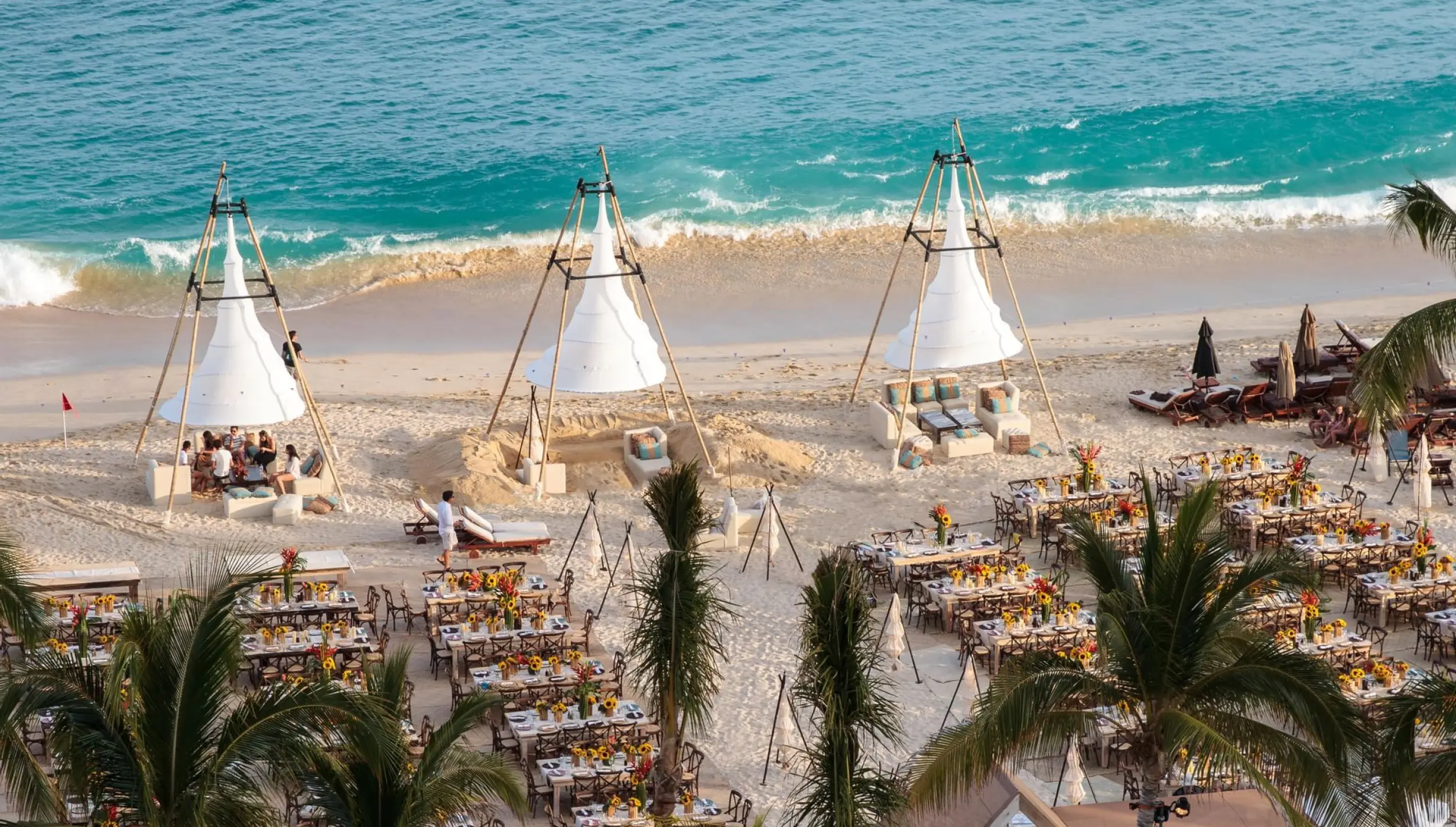 Dinner reception decor on the beach venue at Marquis Los Cabos