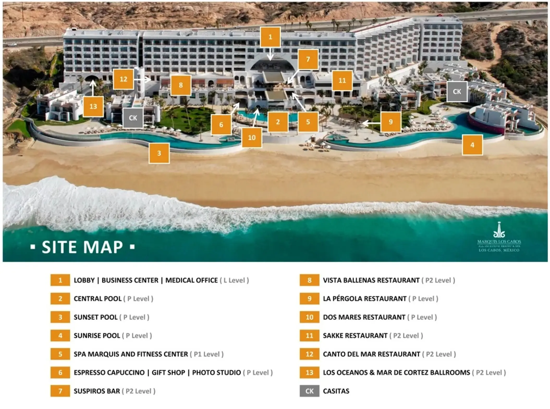 Aerial site map of Marquis Los Cabos showing pools, restaurants, and guest suites along the beach, Cabo San Lucas
