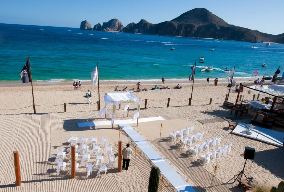 Ceremony decor on the beach at ME Cabo Resort