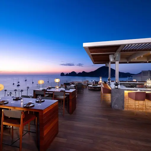 Confessions Sky Bar rooftop terrace overlooking the ocean at ME Cabo, Cabo San Lucas