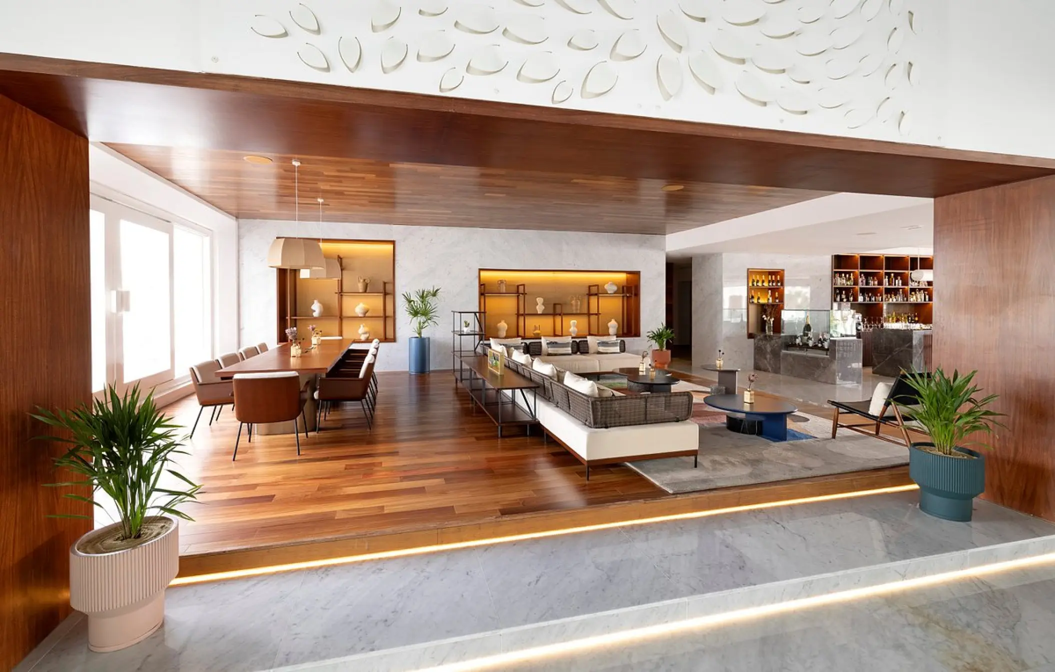 Modern lounge and dining furniture in the lobby area at ME Cabo, Cabo San Lucas