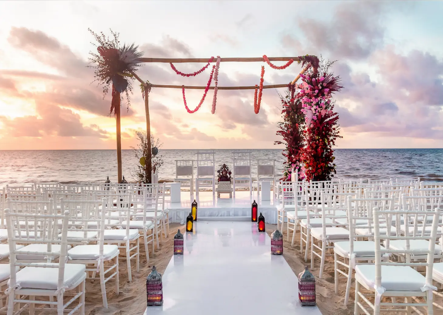 Ceremony decor in beach wedding venue at Moon Palace Resort