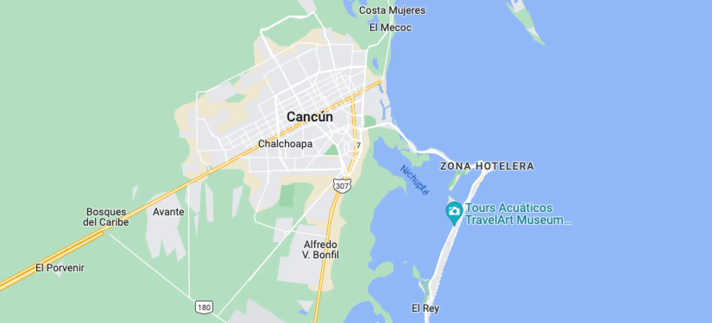 Map of Moon Palace Cancun showing its location on the coast south of the Hotel Zone