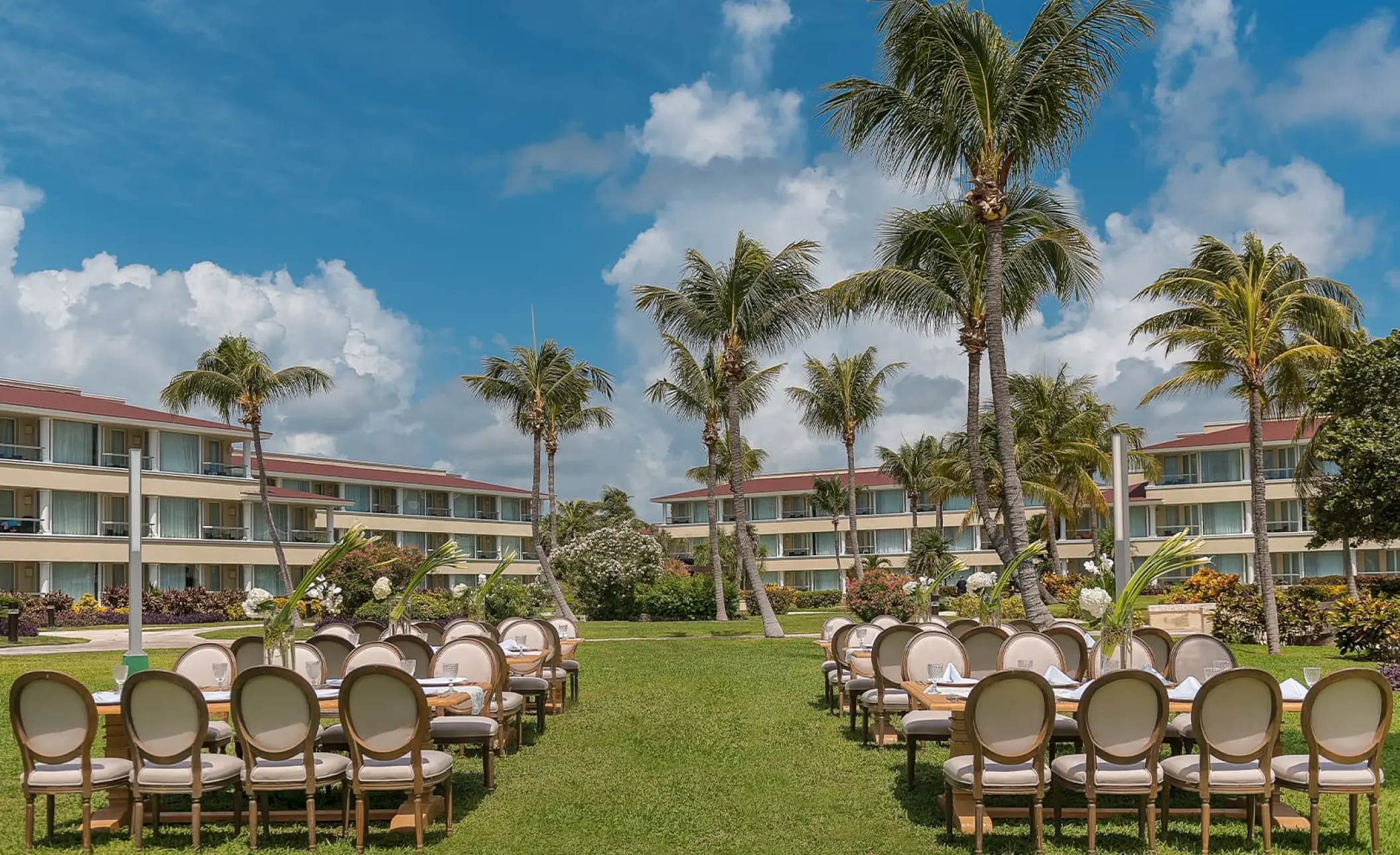 Garden wedding reception setup at Moon Palace Cancun