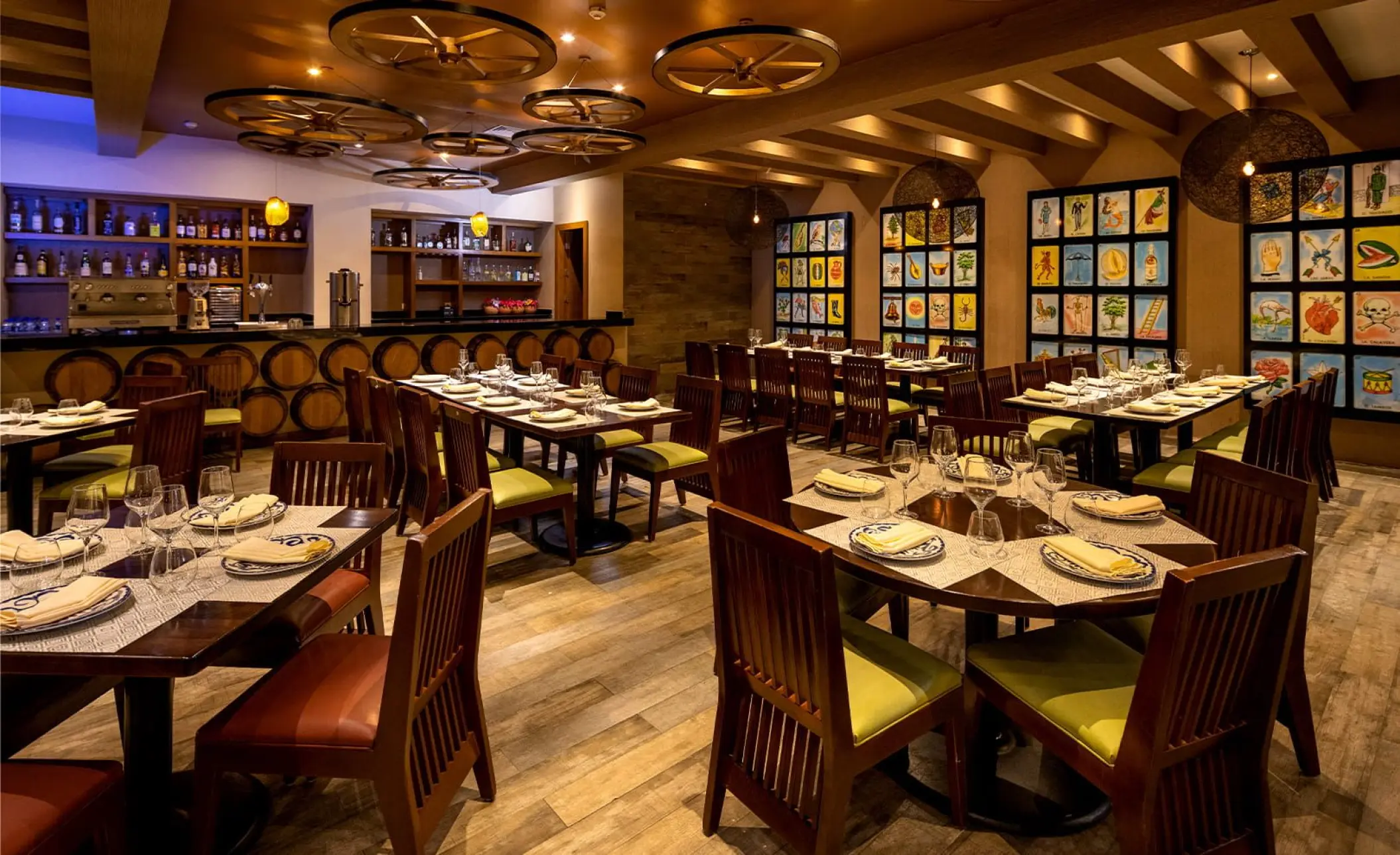 Los Corporales restaurant interior with wagon wheel ceiling decor at Moon Palace Cancun