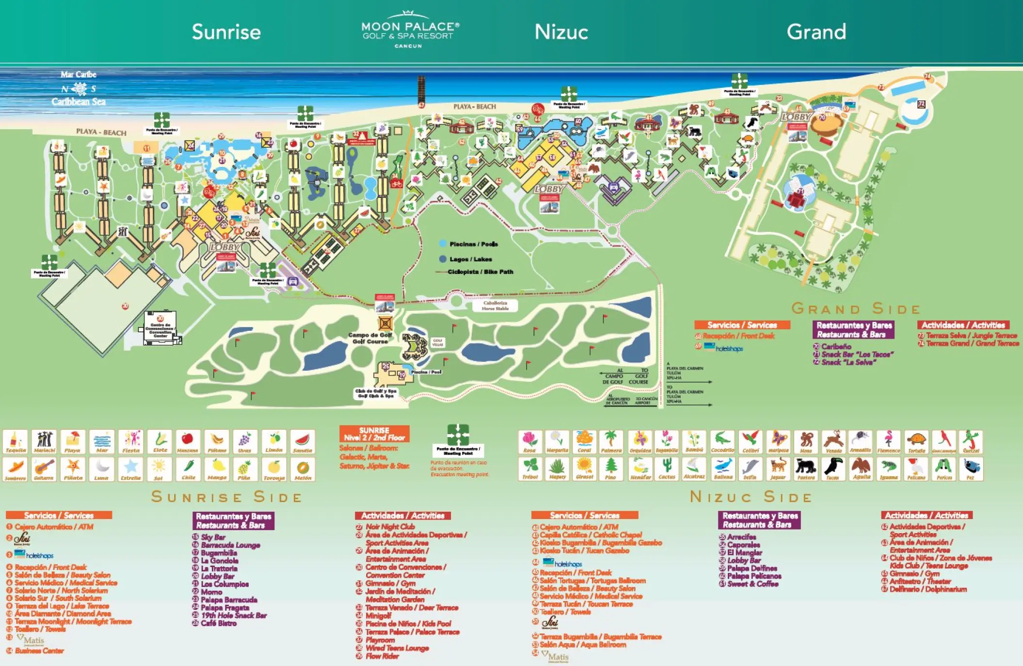 Resort map of Moon Palace Cancun showing the Sunrise, Nizuc, and Grand sections