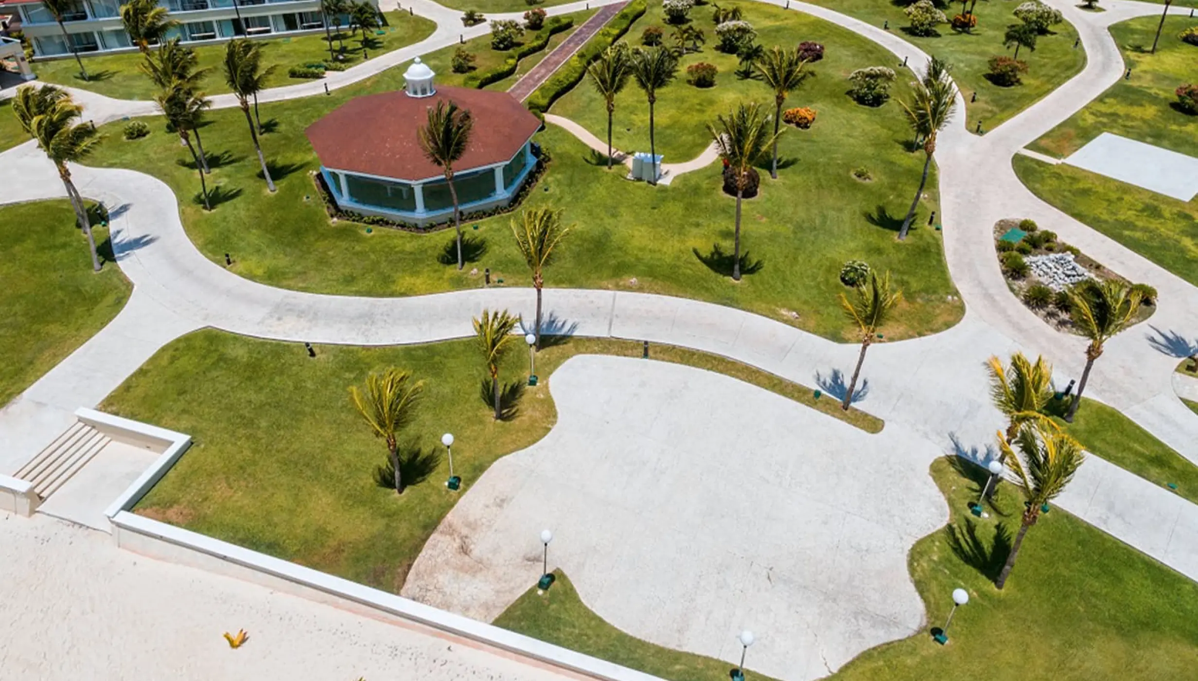 Aerial view of the Tucan Terrace wedding ceremony gazebo and garden walkways at Moon Palace Cancun