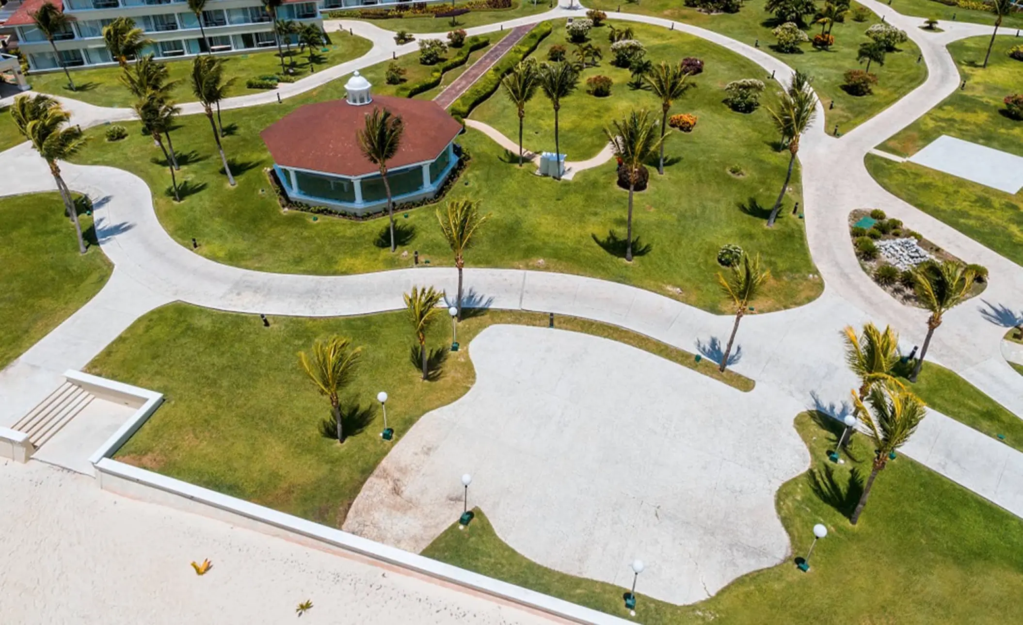 Aerial view of the Tucan Terrace wedding ceremony gazebo and garden walkways at Moon Palace Cancun