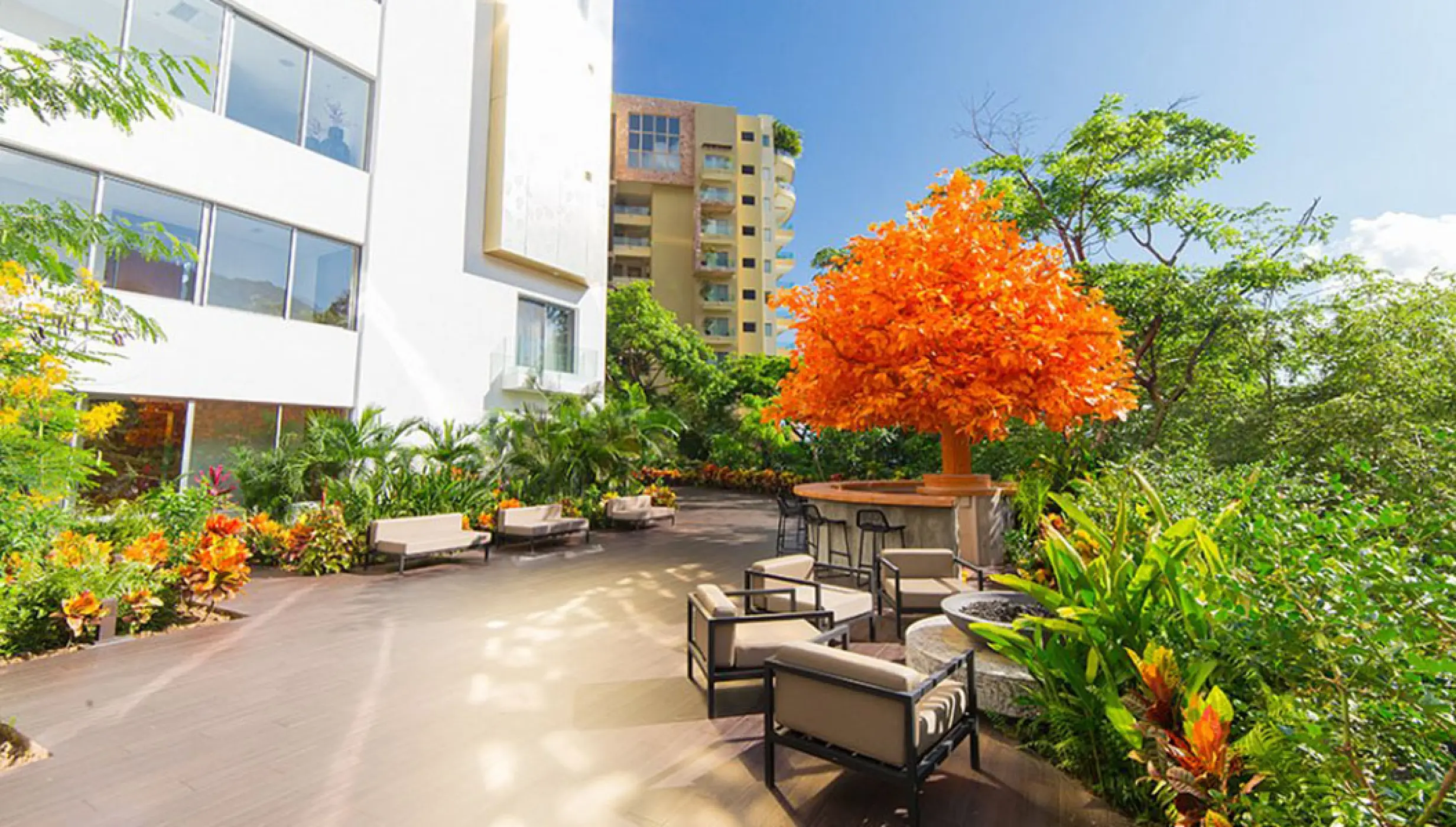 Orange tree terrace lounge with seating at Garza Blanca Preserve, Puerto Vallarta