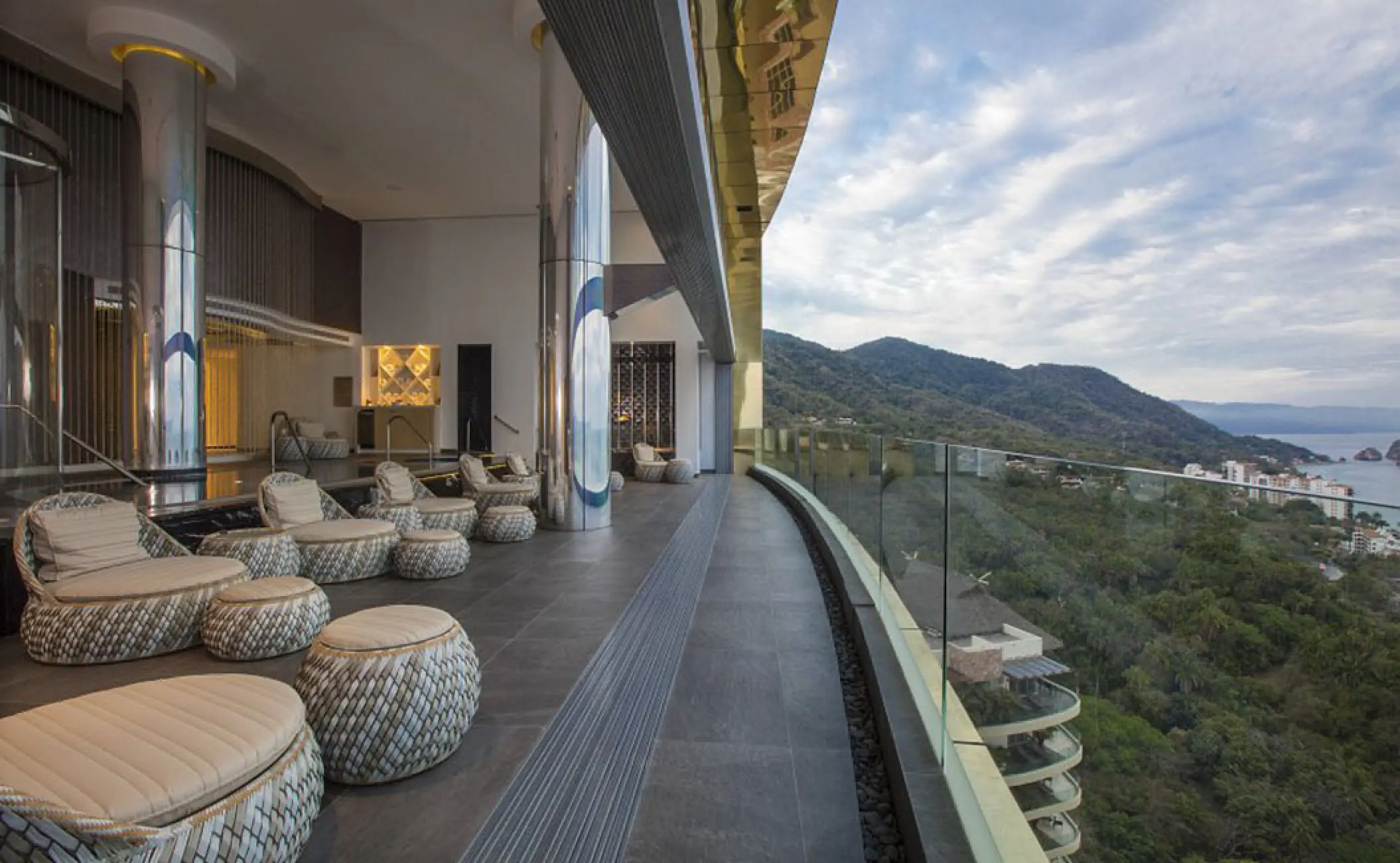 Hotel Mousai terrace spa lounge overlooking jungle and ocean, Puerto Vallarta