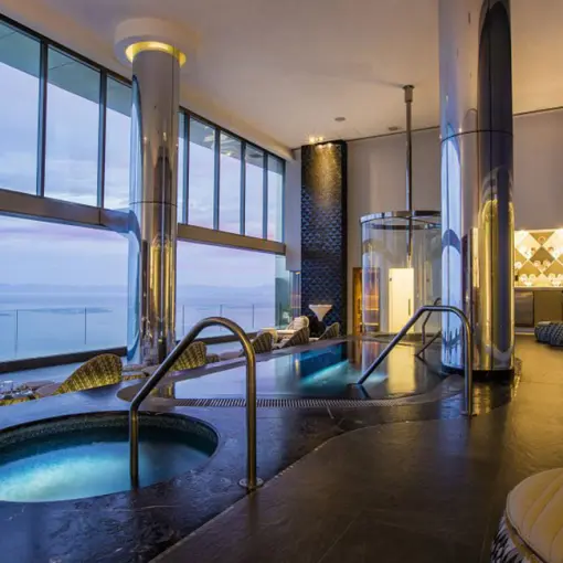 Indoor spa with hydrotherapy pools and ocean views at Garza Blanca Preserve, Puerto Vallarta