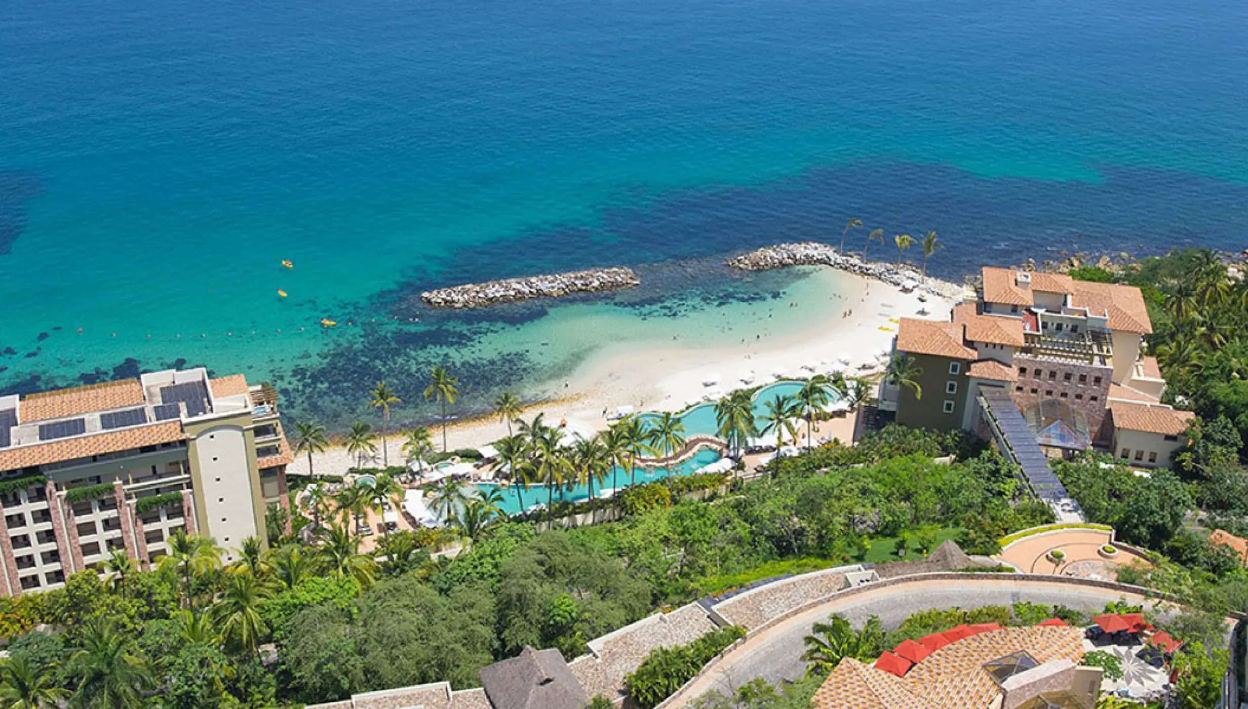 Aerial view of the beach and pools at Garza Blanca Preserve, Puerto Vallarta