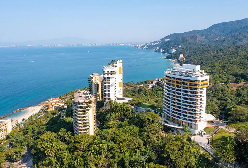 Garza Blanca Preserve towers and Hotel Mousai overlooking the coast, Puerto Vallarta