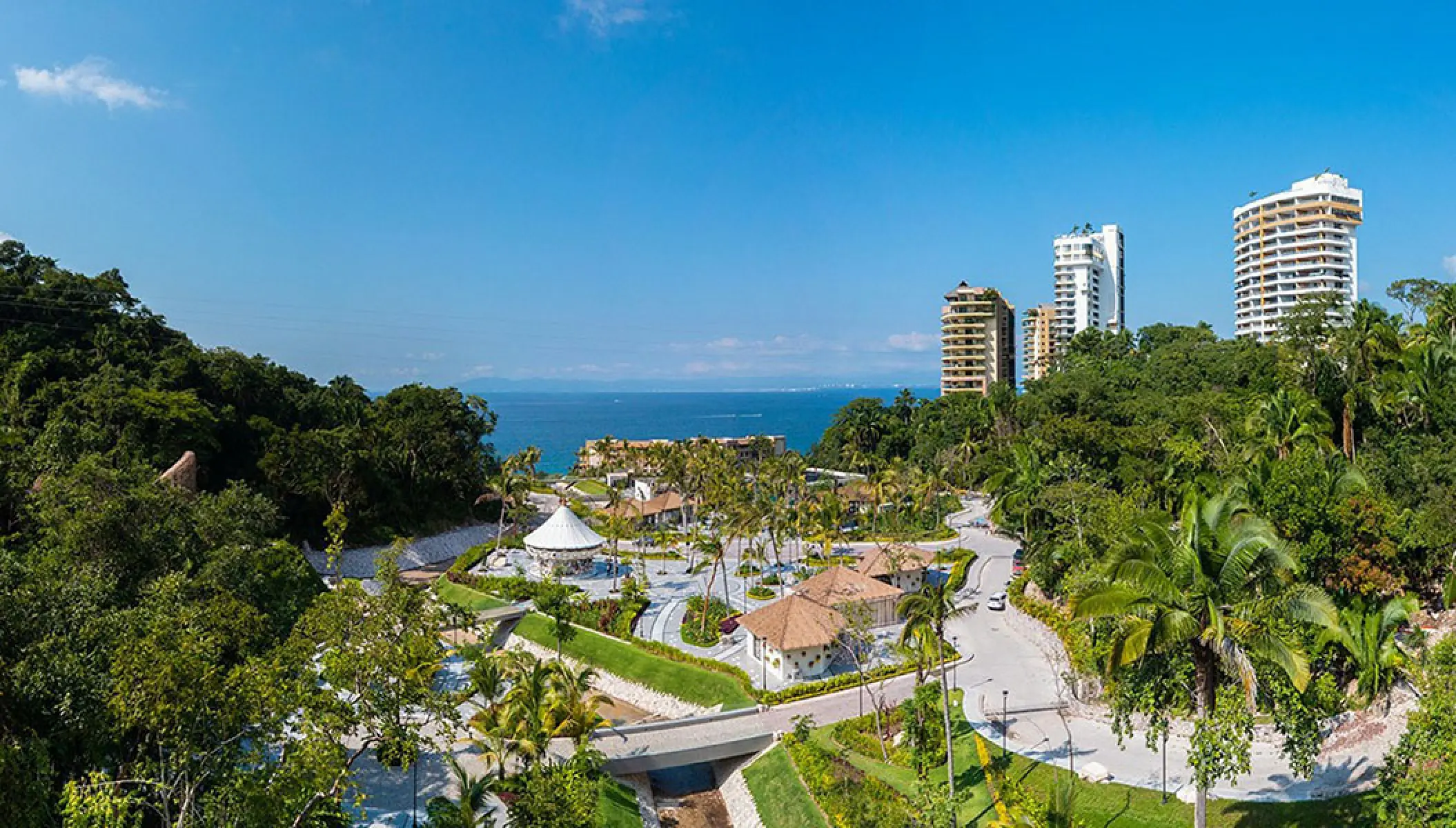 Aerial view of TierraLuna Gardens and resort buildings at Garza Blanca, Puerto Vallarta