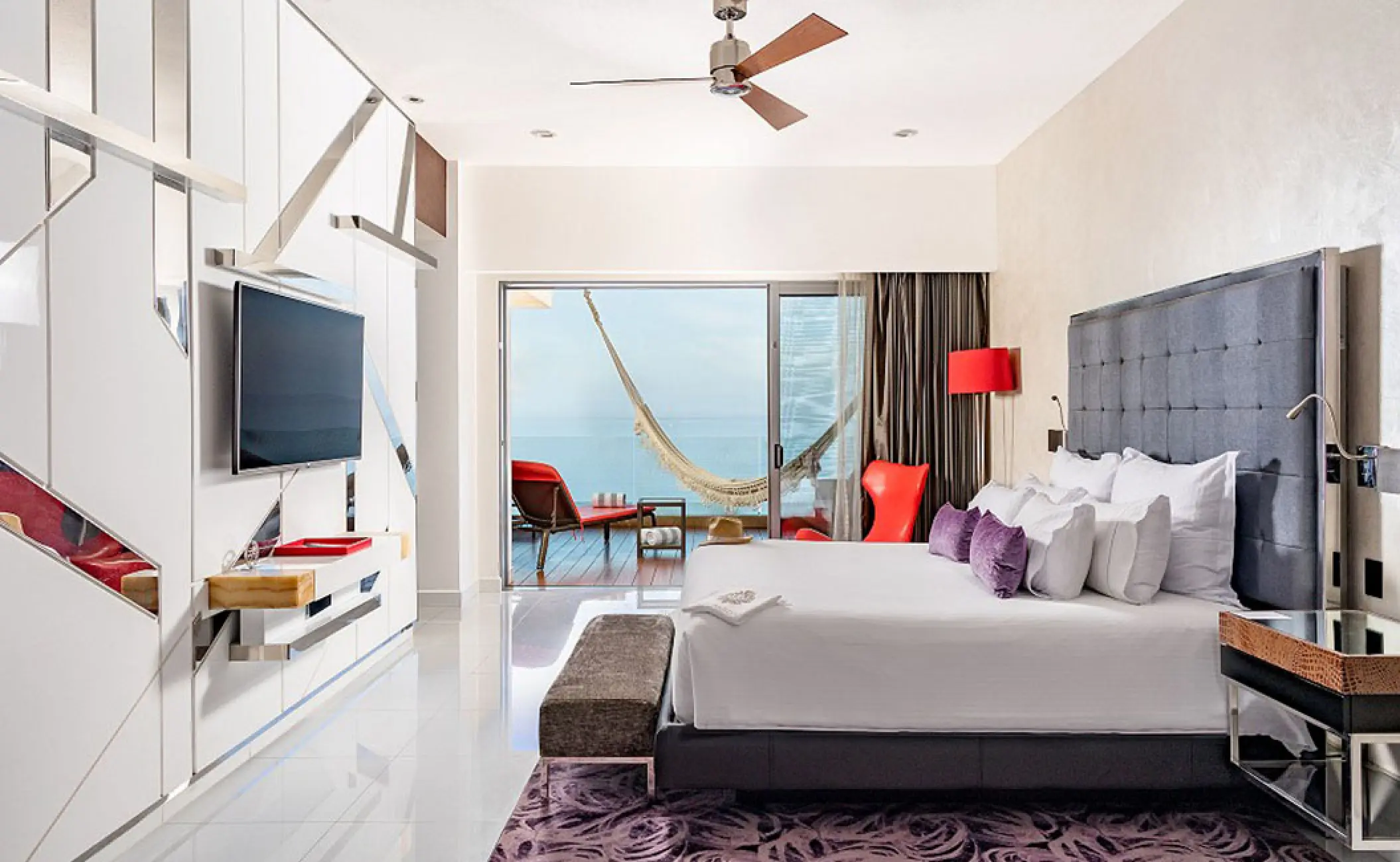 Modern ultra suite with private terrace and hammock at Hotel Mousai, Puerto Vallarta