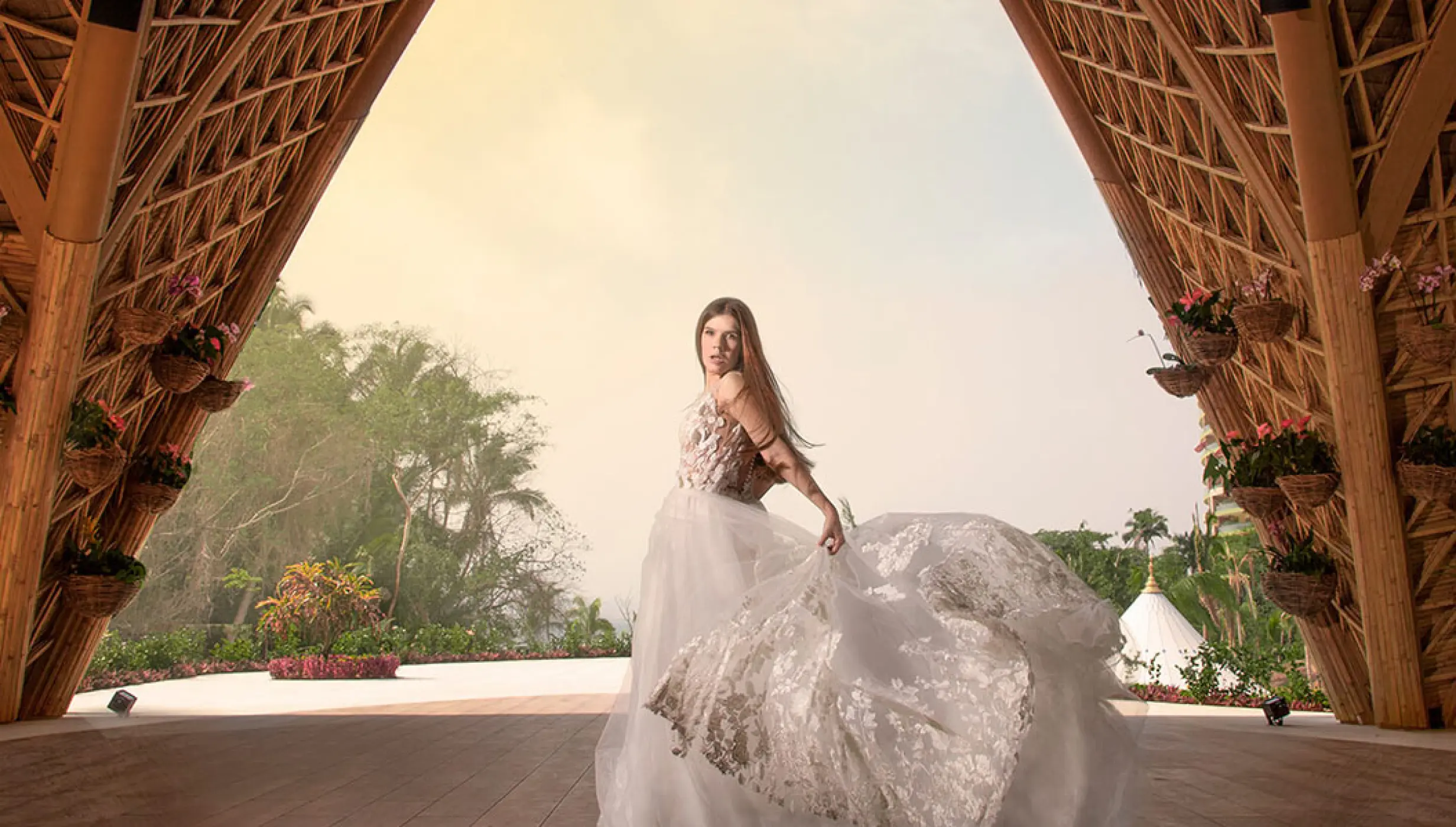 Bride spinning in her wedding dress at Hotel Mousai, Puerto Vallarta